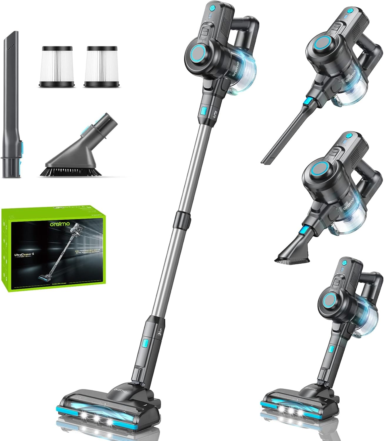 Oraimo Cordless Vacuum Cleaner, 6-in-1 Stick Vacuum with 2200mAh*6 Rechargeable Battery, Vacuum Cleaner for Home with Self-Standing, Handheld Vacuum for Home Kitchen Hard Floor Carpet Pet Hair