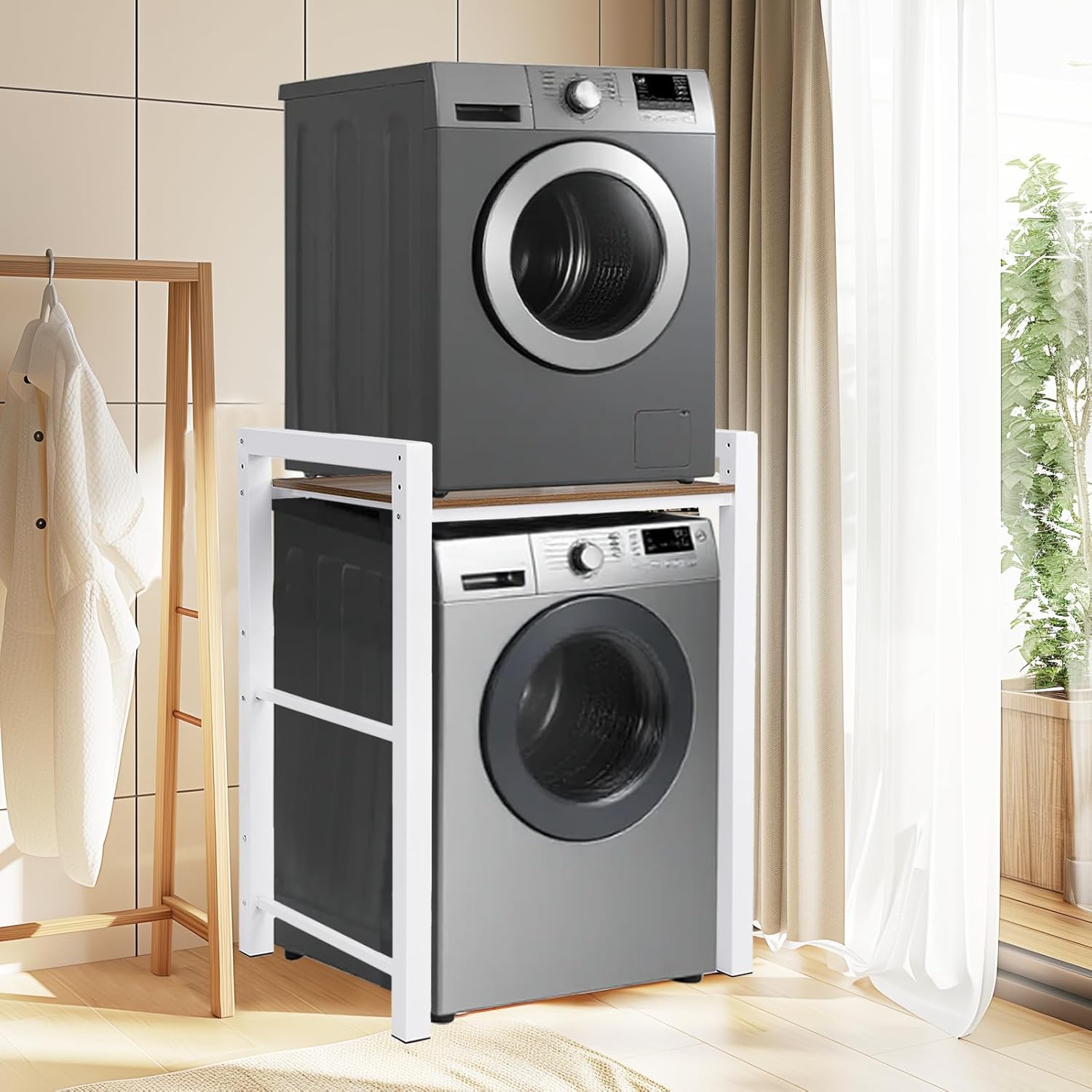Washer Dryer Stacking Rack Stand, Portable Stacking Washer Dryer Stand, Storage Shelf Washing Machine Shelf,Over The Washer and Dryer Shelves Space Saving,Load-bearing 350kg. (White)