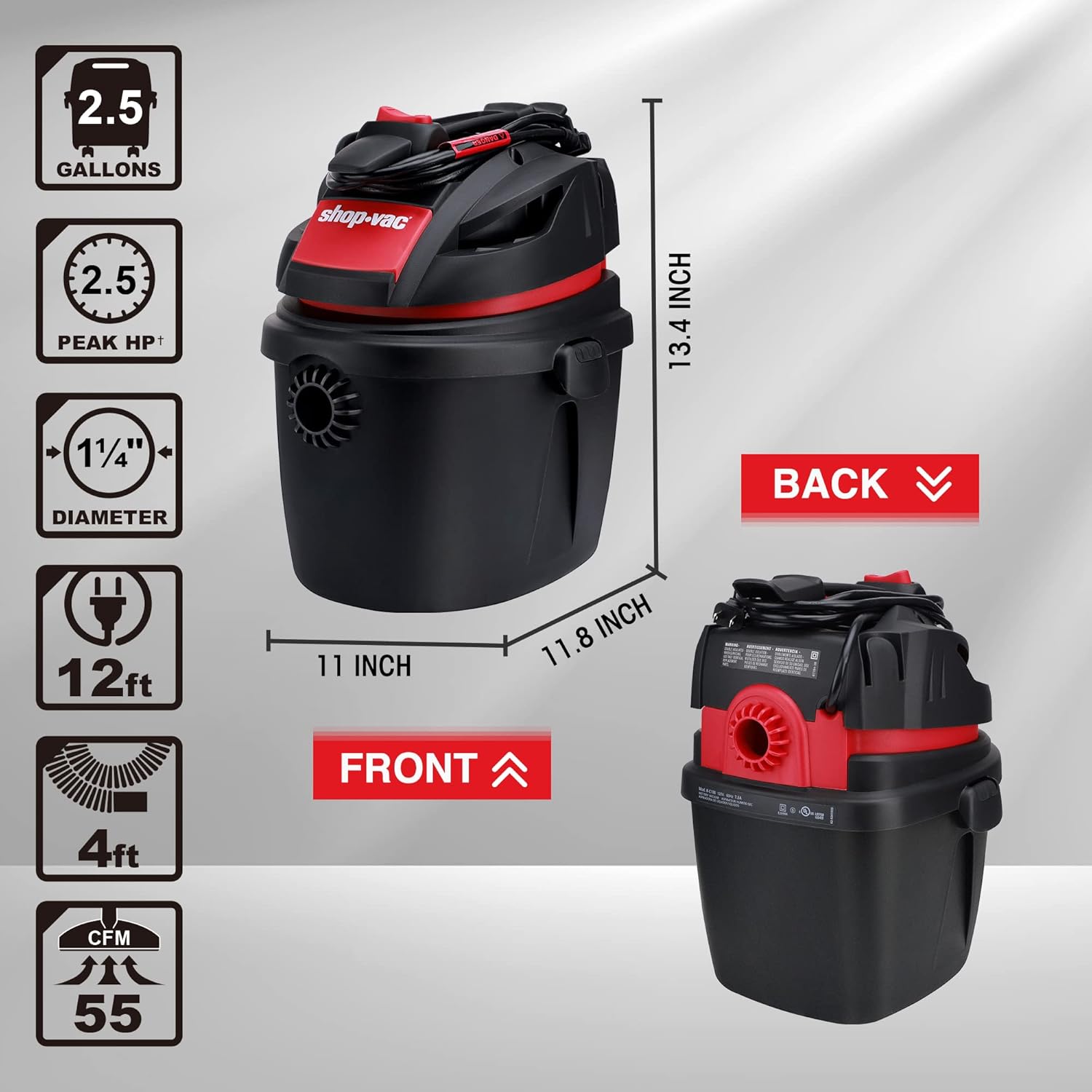 Shop-Vac 2.5 Gallon 2.5 Peak HP Wet/Dry Vacuum, Portable Compact Shop Vacuum with Wall Bracket & Multifunctional Attachments, 5760288