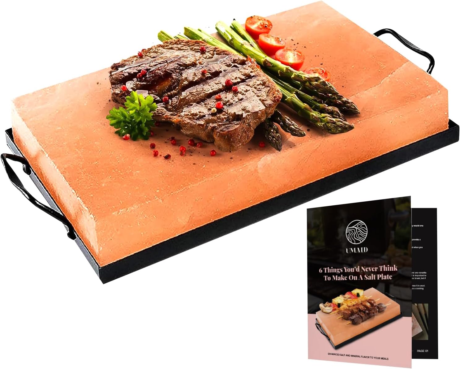 UMAID Himalayan Salt Block Cooking Plate 12x8x1.5 for Cooking, Grilling, Cutting and Serving, Food Grade Rock Salt Stone with Steel Tray & Recipe Pamphlet Unique Gifts for Men, Women, Chefs & Cooks