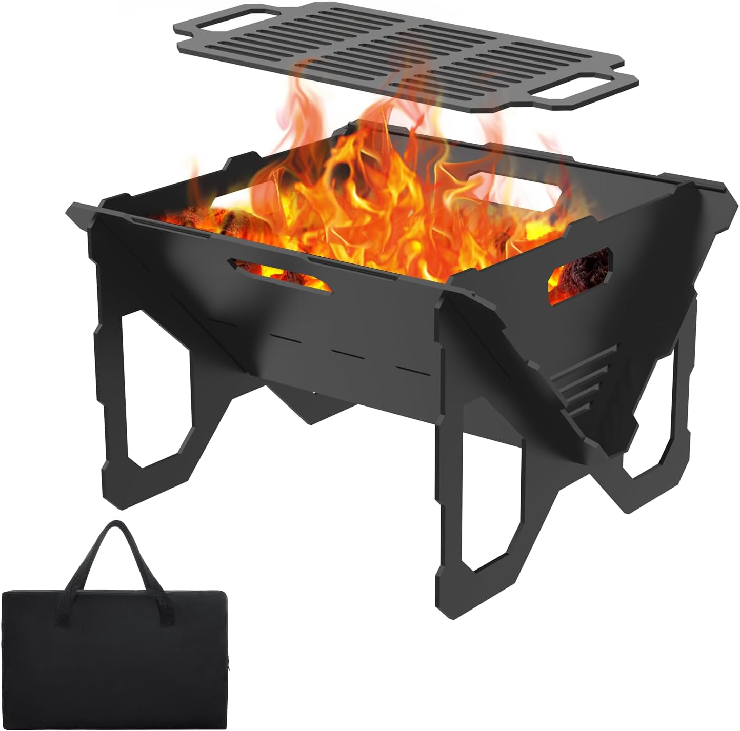 Runnix 20 Inch Fire Pit, Outdoor Portable 2 in 1 Wood Burning Fire Pit Heavy Duty Steel Fire Pit for Patio & Backyard Bonfire BBQ Camping Grill Grate (Black)