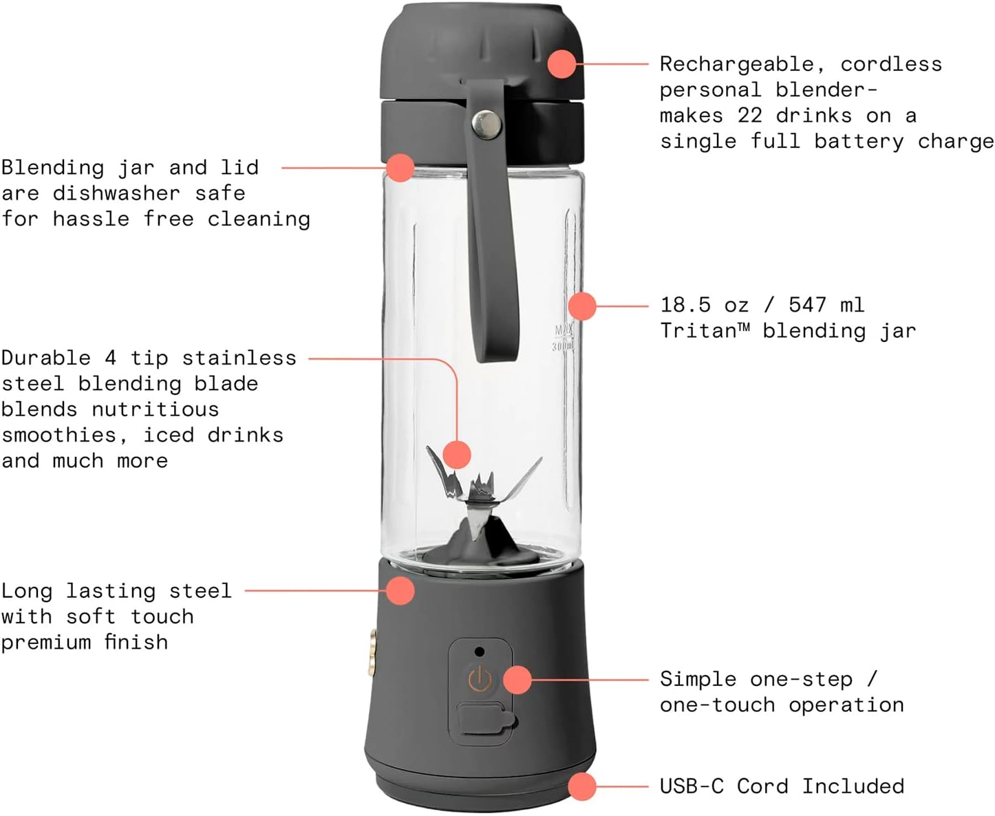 Beautiful Portable Blender,by Drew Barrymore, 70 Watts, 18.5 OZ (Oyster Gray)