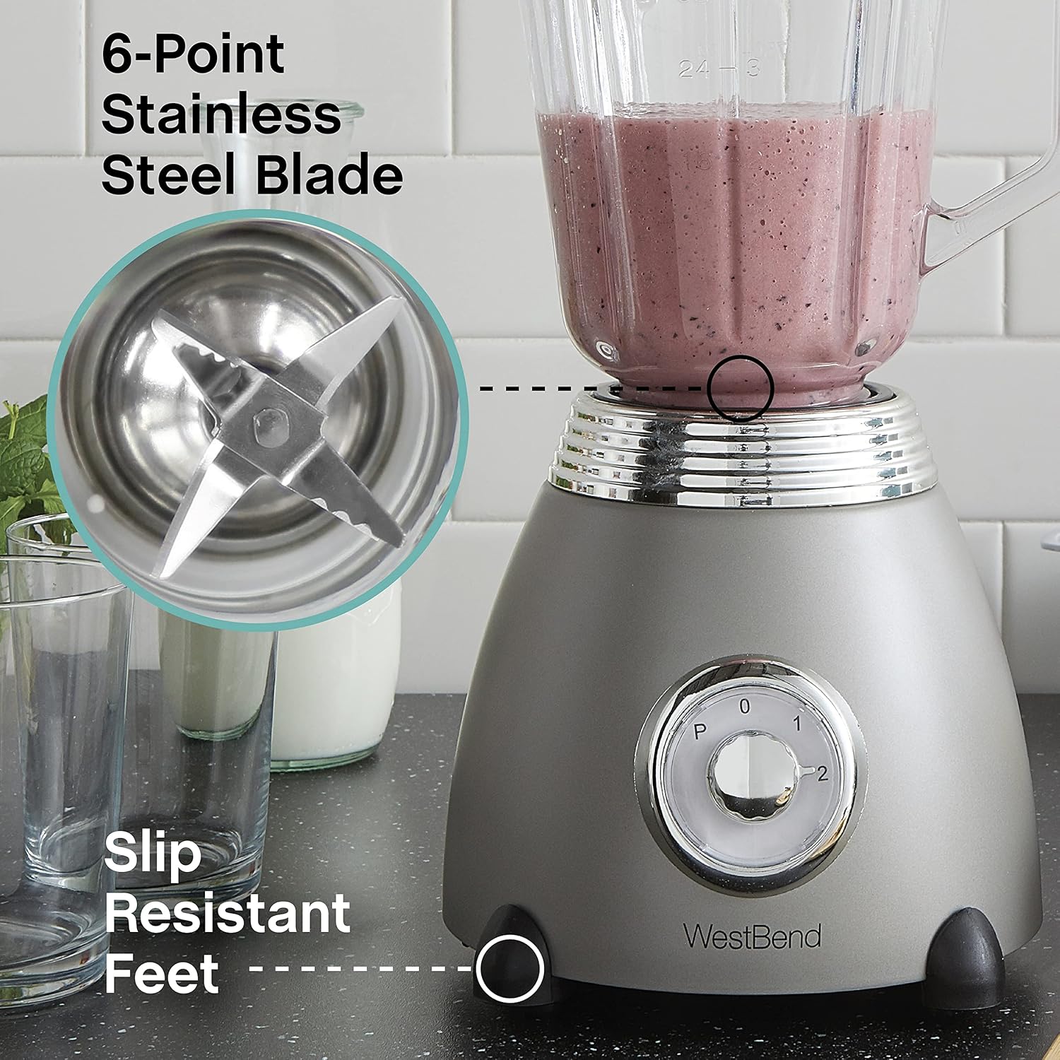 West Bend Blender Retro-Styled 3 Speeds with 48 oz Glass Blending Jar and Stainless Steel Blade, 500-Watts, Gray