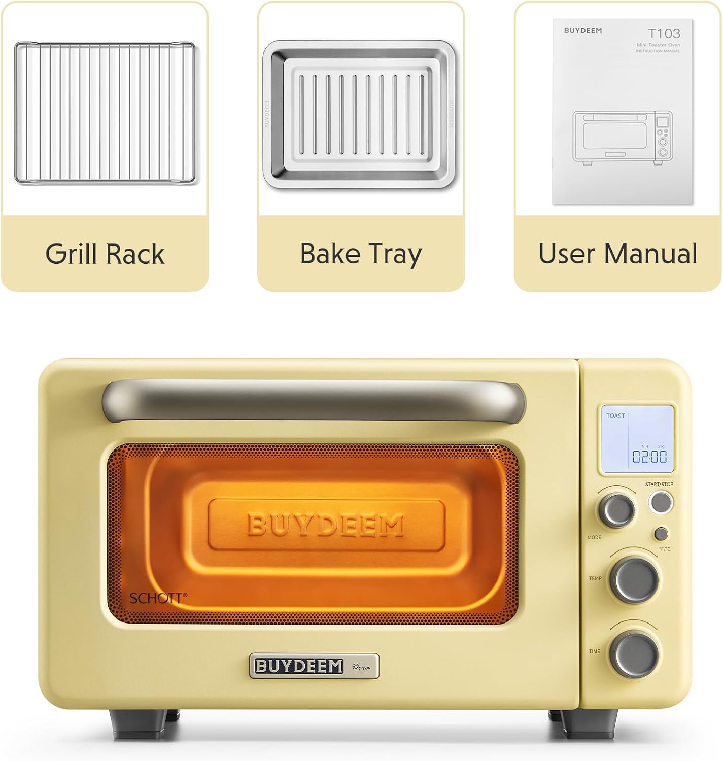 BUYDEEM T103 Countertop Toaster Oven 12QT, No Pre-Heat Needed, 7 Cooking Modes, Retro Mini Toaster Oven with Grill Rack and Baking Tray, Mellow Yellow