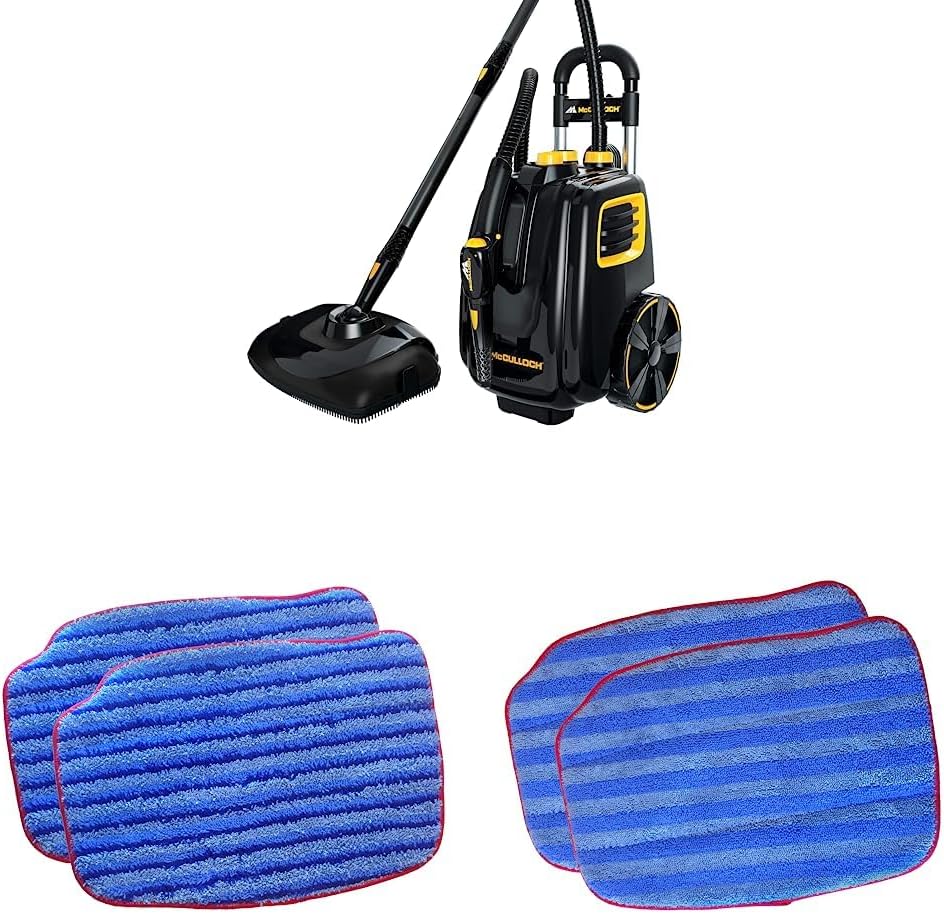 McCulloch MC1385 Deluxe Canister Steam Cleaner with 23 Accessories & Replacement Scrubbing Microfiber Mop Pad for MC1375, MC1385, 2-Pack & A1375-100 Replacement Traditional Microfiber Mop Pad, 2-Pack