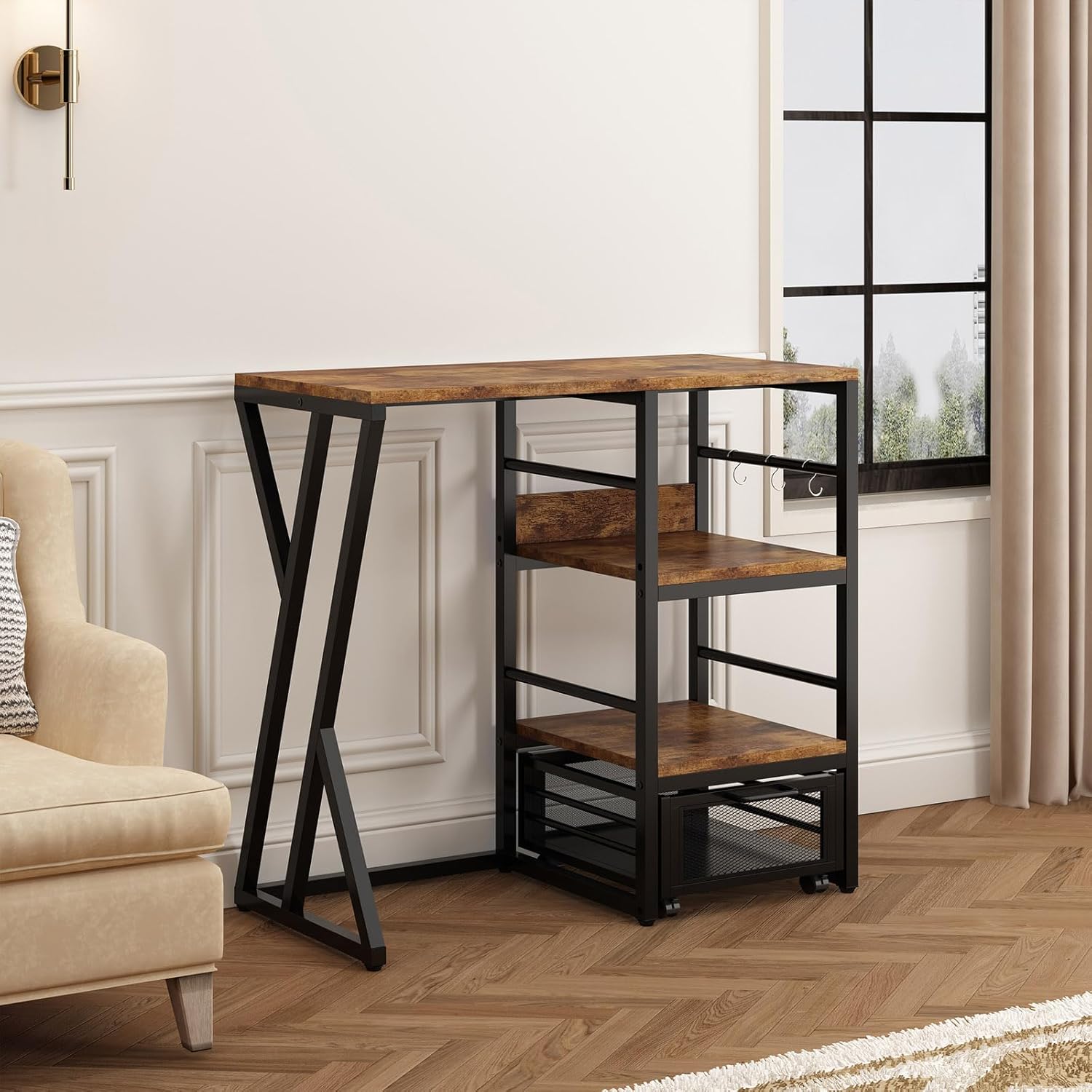 Kitchen Bakers Rack with Movable Basket, Coffee Bar Cabinet with Mini Fridge Space, Beverage & Wine Fridge Stand, Kitchen Storage Organizer with Worktop, Microwave Oven Stand for Home, Dorm, Office