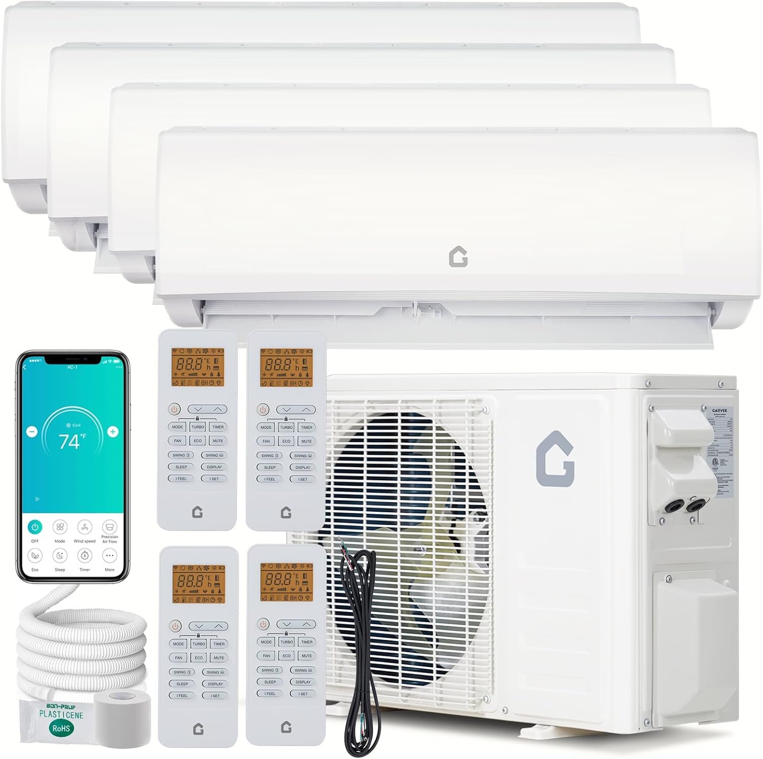 GarveeHome 4 Zone Mini Split AC/Heating System 35000 BTU (9K + 9K + 9K+18K), 19 SEER2 Dual Zone Ductless Wall Mounted Air Conditioner with Pre-Charged Condenser, Not Include Copper Tube Line Set