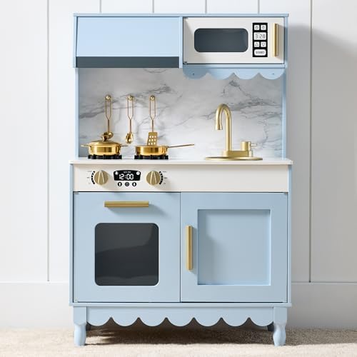 Best Choice Products Wooden Pretend Play Cottage Kitchen Kids Toy w/Storage, Scalloped Edge, 5 Accessories, Microwave, Oven, Clicking Knobs - Blue
