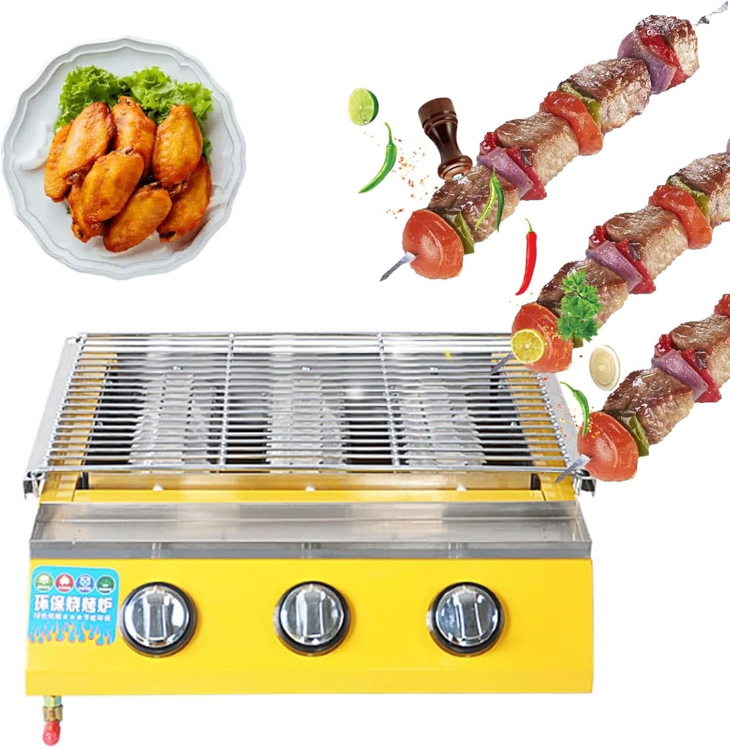 Portable Gas Grill Stainless Steel Propane Grill 3-Burner Outdoor BBQ Grill, Stainless Steel Gas Char-Broiler for Restaurant Equipment BBQ, for Outdoor, Tabletop, Countertop,Silver,45.5x55x20cm(Khaki,