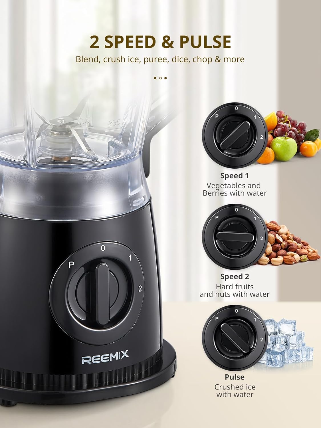 Reemix Blender, 50oz Countertop Blender - 2 Adjustable Speeds + Pulse, Dual Safety Locks, Dishwasher-Safe Pitcher for Smoothies, Crushing Ice & Family Meals