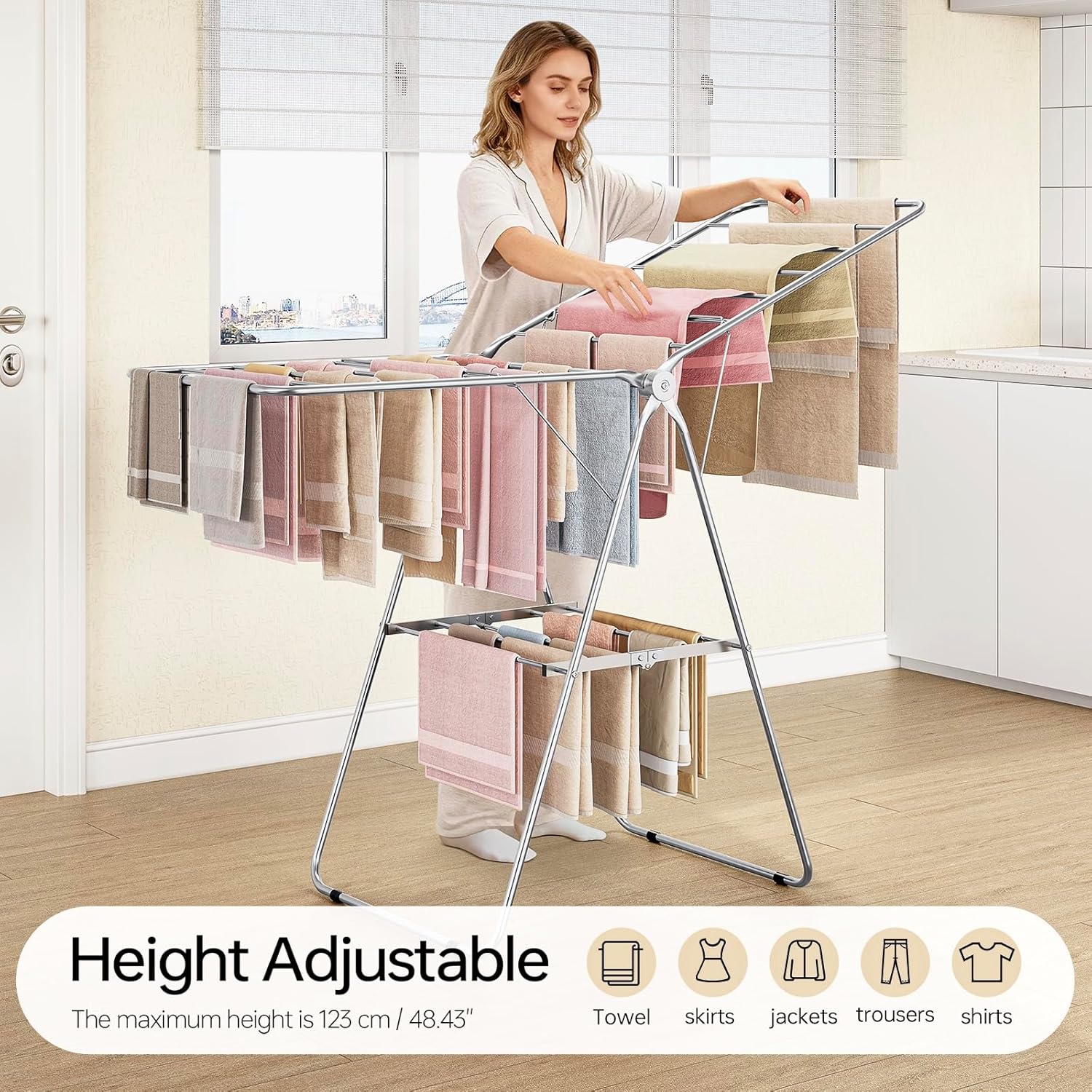 APEXCHASER Clothes Drying Rack Folding - Stainless Steel Drying Rack Clothing Height-Adjustable, Foldable Laundry Rack, Space-Saving, Collapsible for Indoor Outdoor Use for Clothe, Towels, Chrome