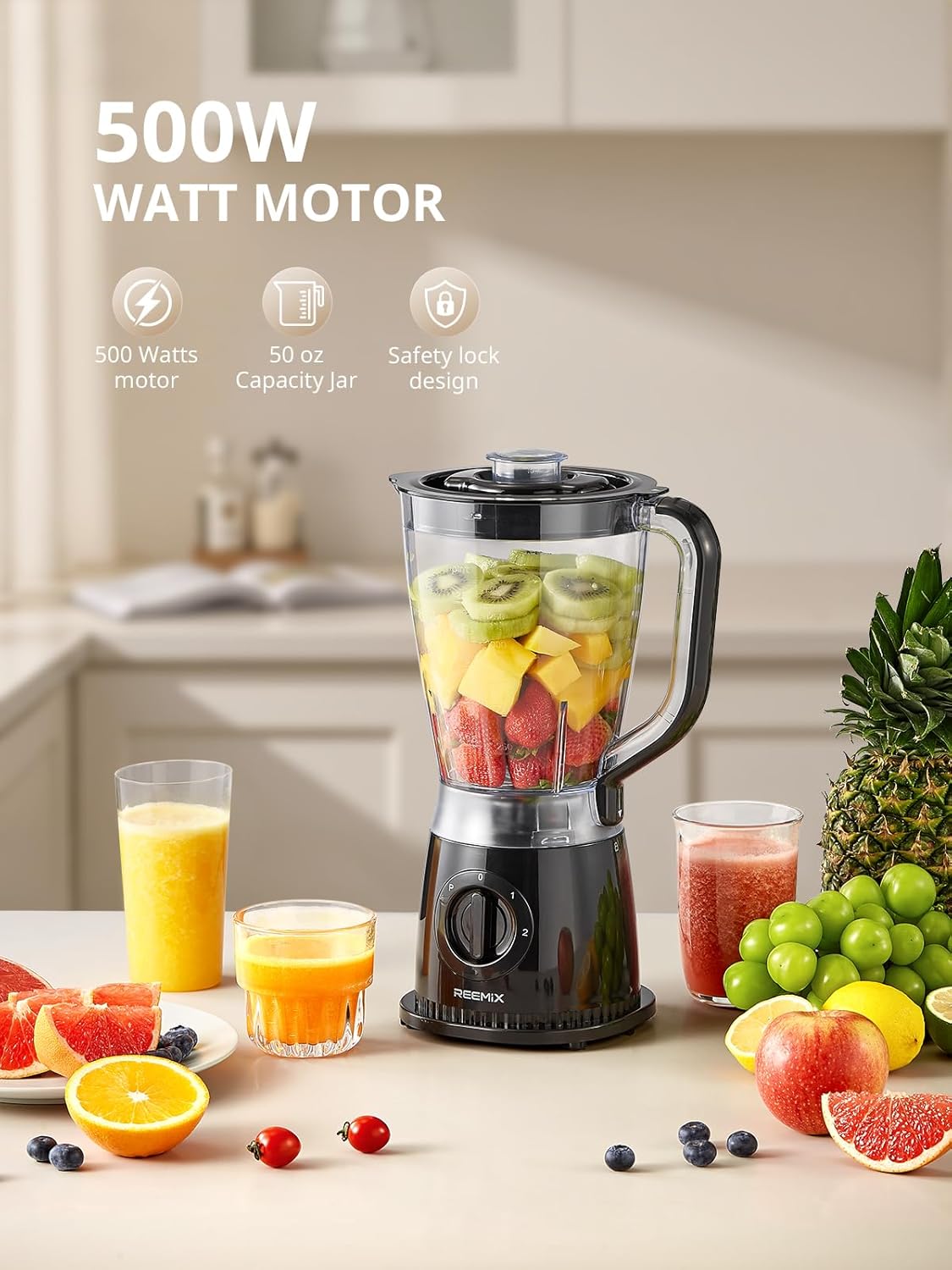 Reemix Blender, 50oz Countertop Blender - 2 Adjustable Speeds + Pulse, Dual Safety Locks, Dishwasher-Safe Pitcher for Smoothies, Crushing Ice & Family Meals