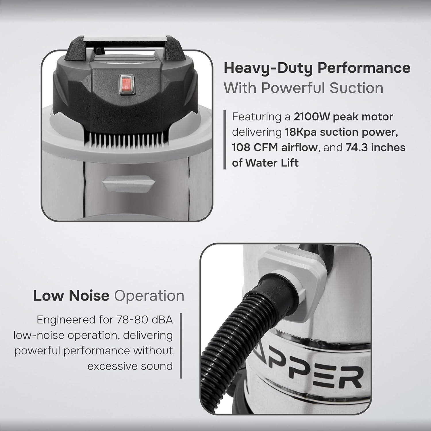 6 Gallon 3.0 Peak HP Wet/Dry Vacuum, Stainless Steel Tank, 3 in 1 Function Portable Shop Vacuum with Attachments, Ideal for Jobsite, Garage & Workshop.