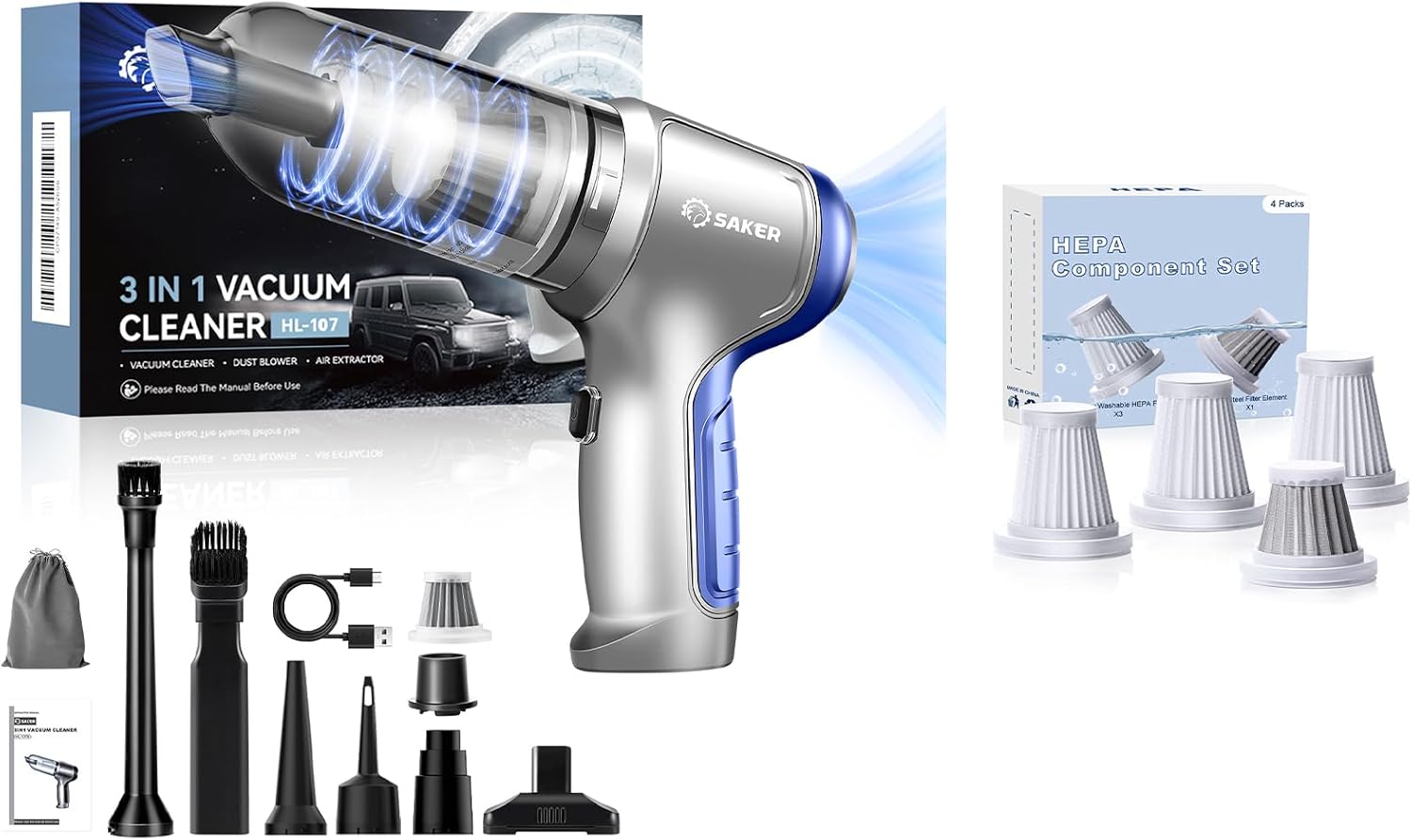 Saker Car Vacuum Portable Cordless for Car with 3 HEPA Filter and 1 Steel Filter Set HL107B Blue