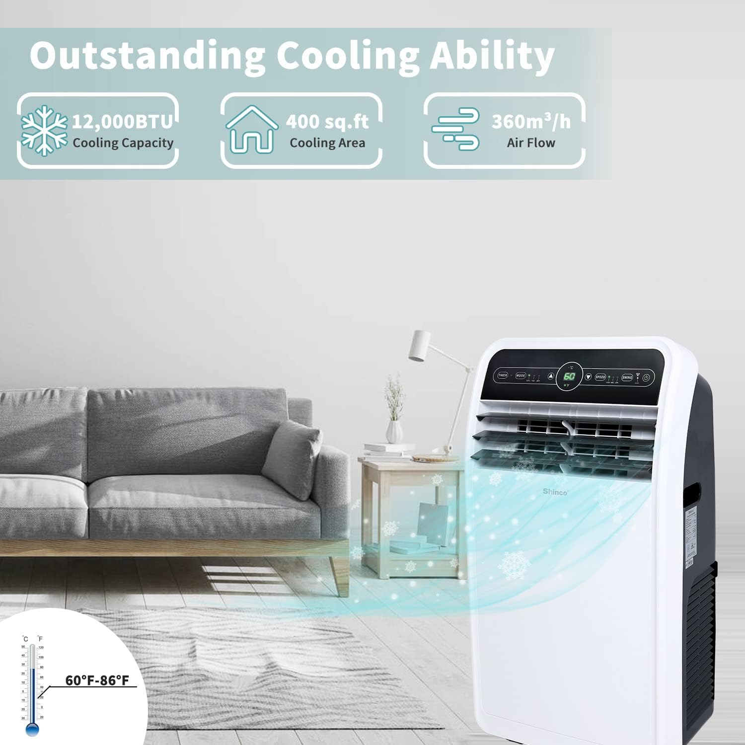 Shinco 12,000 BTU Portable Air Conditioner with WiFi, Portable AC Unit with Built-in Cool, 3-in-1 Cooling Fan & Dehumidifier for Rooms up to 400 Sq.Ft, Remote, 24H Timer, Installation Kits
