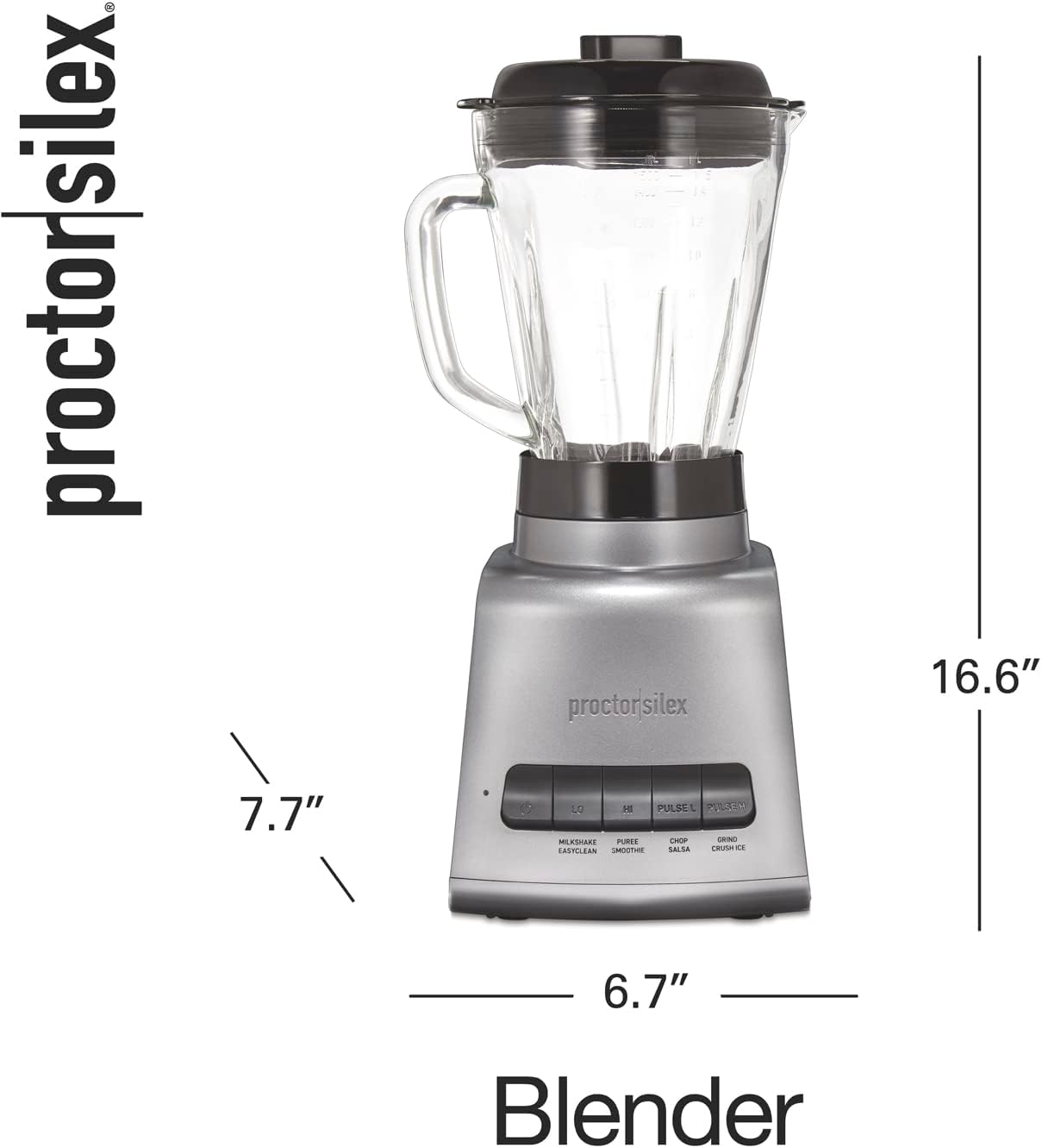 Proctor Silex PowerHouse 950 Watts Blender for Shakes and Smoothies, 52 oz. BPA Free MultiBlend Glass Jar, Black & Silver (53560)