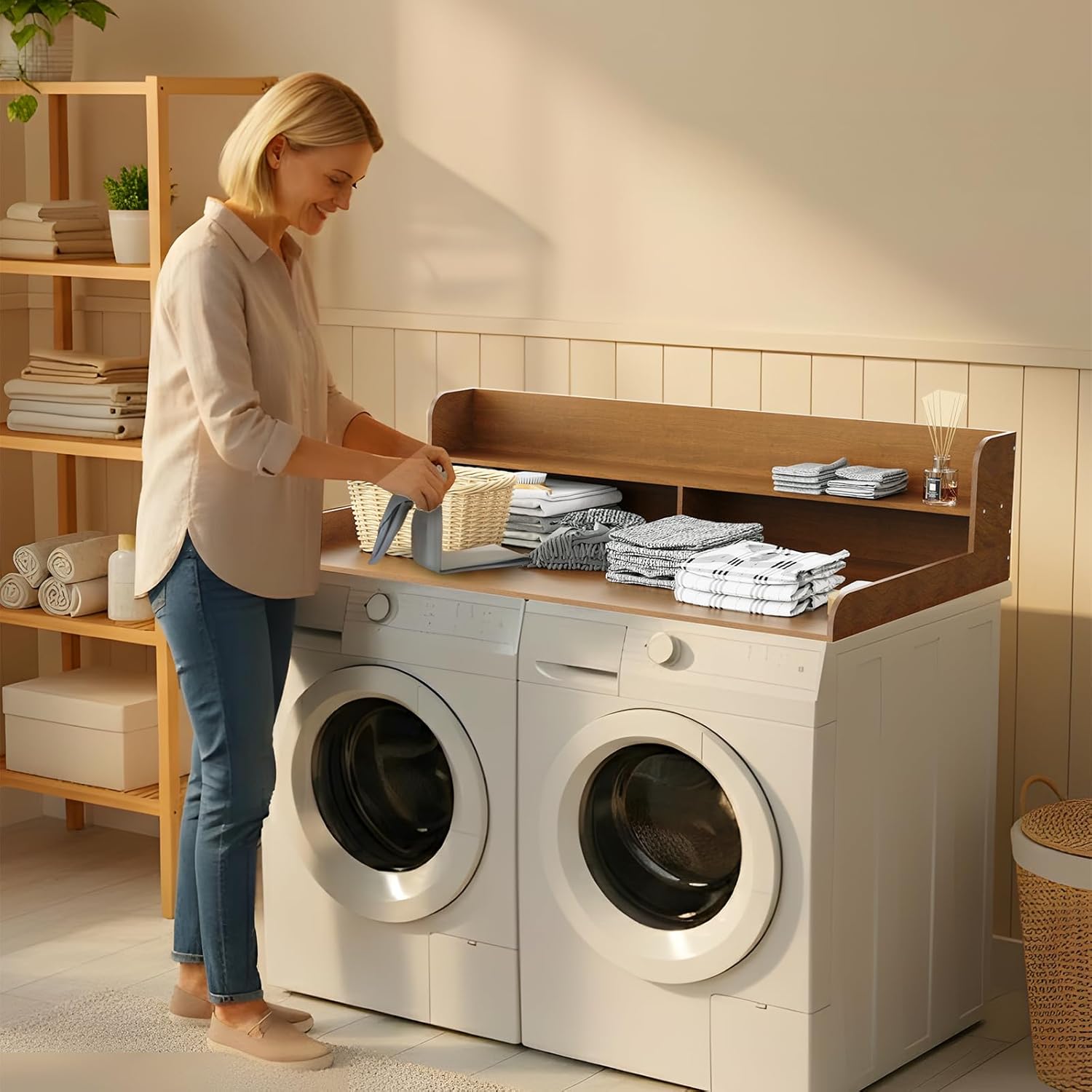 Fabuday 2-Tier Wood Washer Dryer Countertop with Shelf - Two Layers Laundry Topper for Storage & Organization, 54''x27.5''x11.9'' Counter Table with Edge Over Washing & Dryer, Satin Walnut Finish