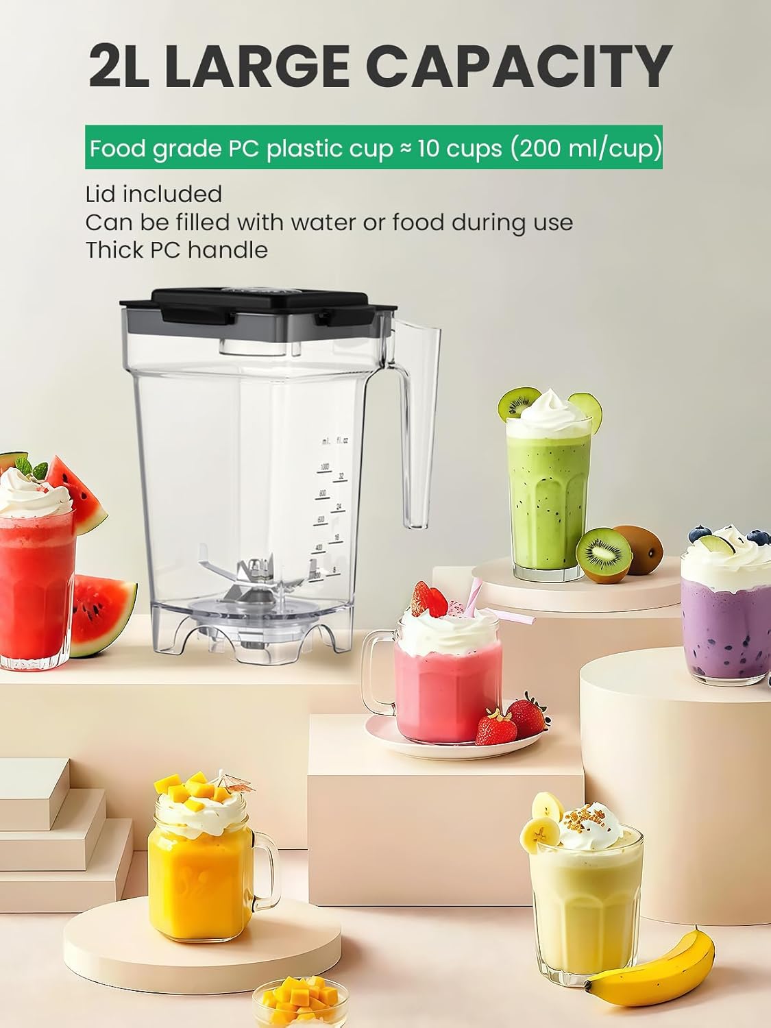 Huanyu Commercial Blender 1000W 2L with Noise-Reduction Cover & Speed Control 4-in-1 Multifunctional for Juice/Soy Milk/Ice/Nuts Grinding