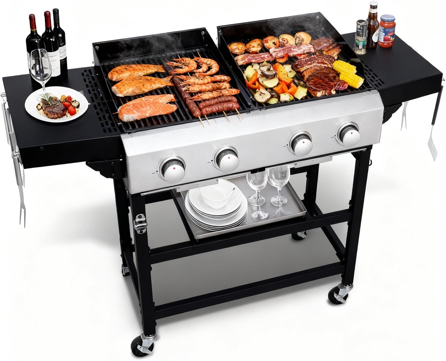 4-Burner Propane Gas Grill and Griddle Combo, 38,200 BTU, Cast Iron Grate with 470 sq in Cooking Area, Flat Top Griddle 248 sq in, Outdoor BBQ Station with Foldable Side Table