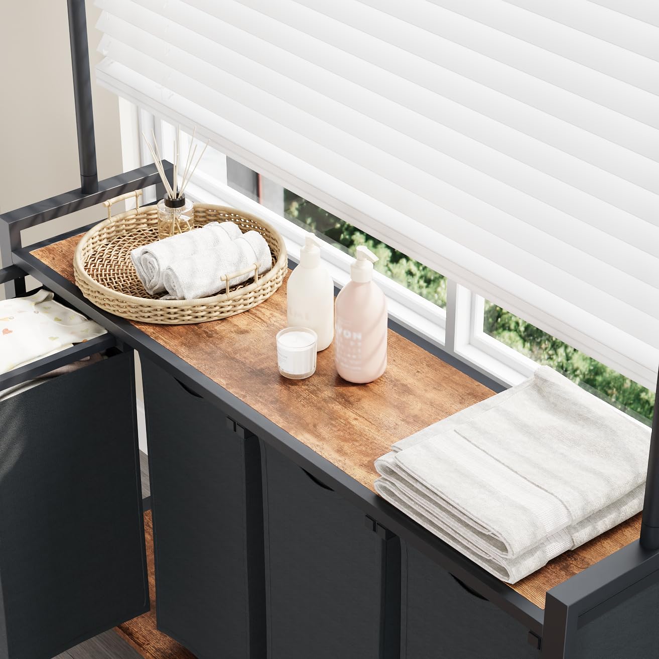 GarveeHome Rolling Laundry Cart with Hanging Rack & Utility Shelf | 4-Section Laundry Sorter Hamper with Lockable Wheels | Laundry Basket Organizer for Laundry Room, Bedroom, Bathroom | Black