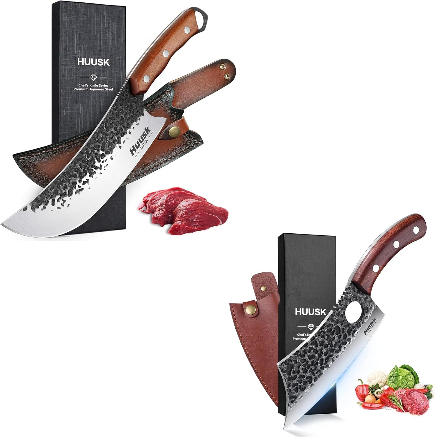 Huusk Japan Knive Set, Butcher Knife for Meat Cutting, Meat Cleaver Knife Heavy Duty with Sheath,Hand Forged Chef Butcher Full Tang Boning Knife for Outdoor Cooking, Kitchen Deboning or Camping BBQ
