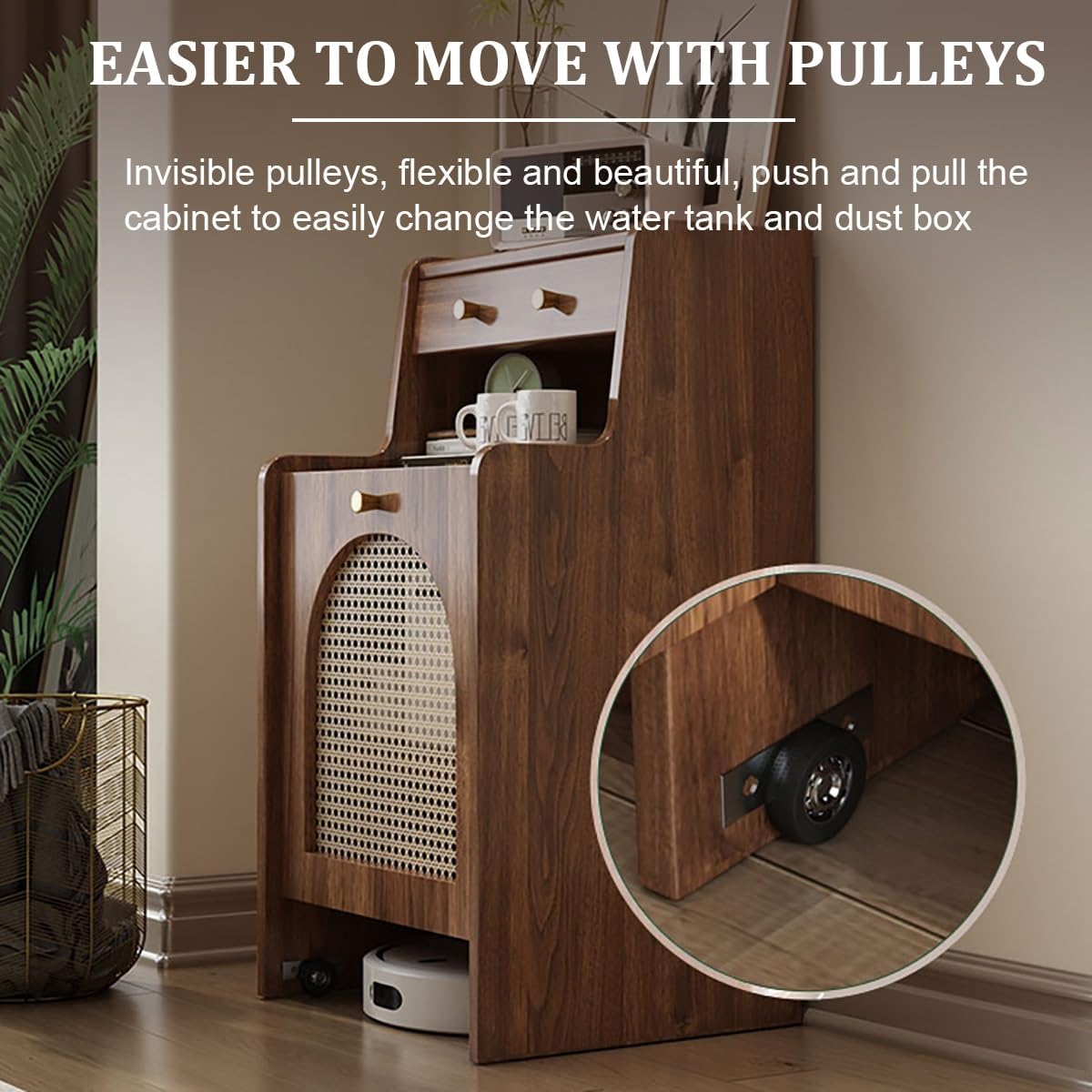 Robot Vacuum Storage Cabinet with Wheels, Hidden Organizer with Doors and Drawers for Sweeping Robots, Mobile Vacuum Rack for Living Room, Bedroom, Kitchen, Solid Wood, Easy Water Changing(Yellow)