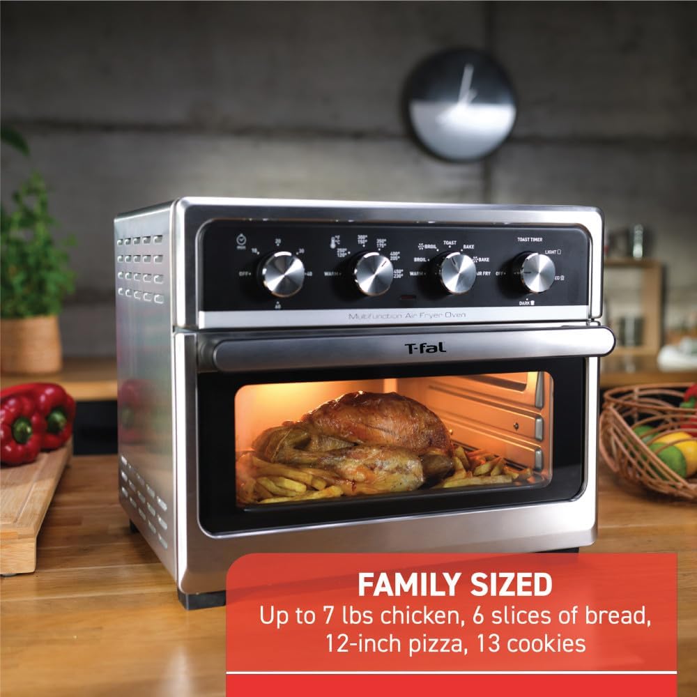 T-fal 9 in 1 Toaster Oven Air Fryer Combo Stainless Steel Convection Countertop Oven, Fast Heatup, 7 Pound Chicken Capacity, Extra Crispy Results, Toast, Bake, Air Fry, Reheat, Broil