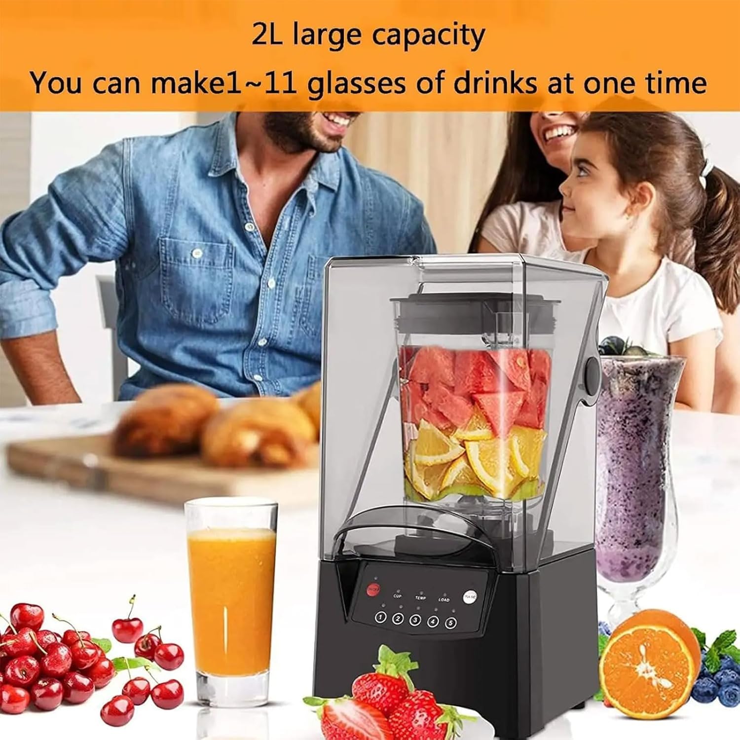 Blenders for Kitchen, 2200W Commercial Slushy Machine with Soundproof Cover, 5 Timer Presets And 17000 RPM Speed Adjustable, 2000ml Large Capacity and Fast Blend, for Bars, Cafes And Restaurants