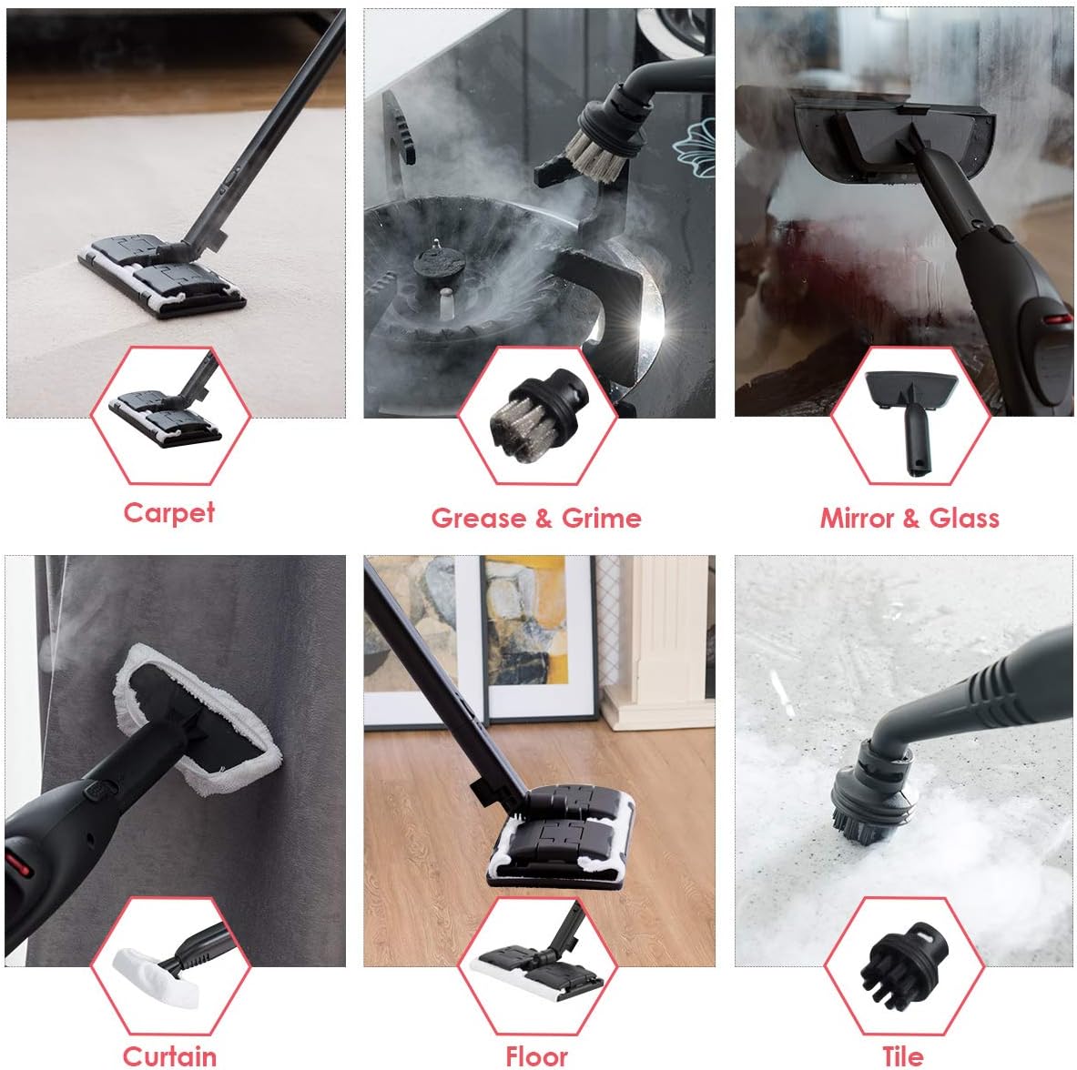 Moccha 2000W Steam Cleaner w/ 19 Accessories, 2000 W Household Steamer w/ 1.5L Tank for Chemical-Free Cleaning, Heavy Duty Household Cleaning Machine for Floors, Windows, Cars (Red)