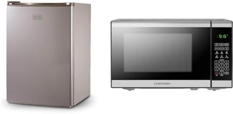 BLACK+DECKER BCRK25V Compact Refrigerator Energy Star Single Door Mini Fridge with Freezer & Chefman Countertop Microwave Oven 0.7 Cu. Ft. Digital Stainless Steel Microwave 700 Watts