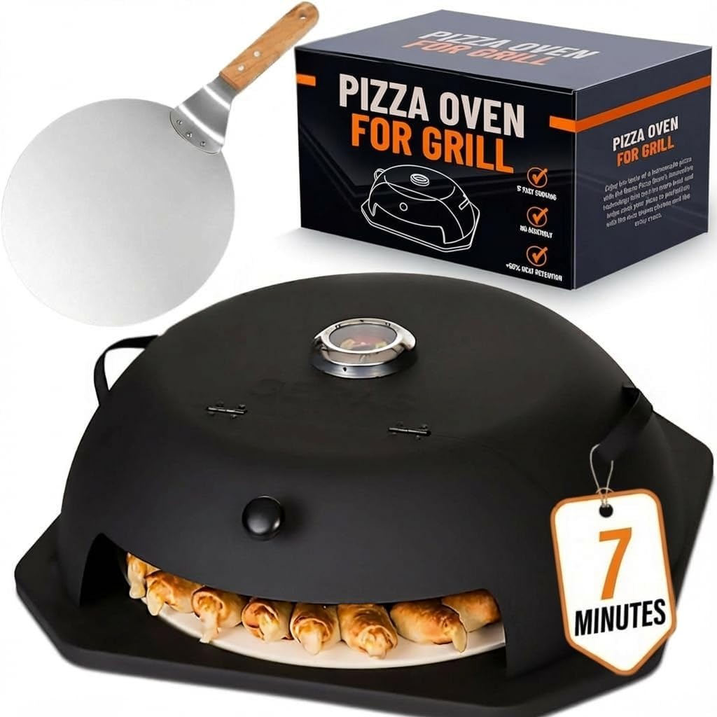 HeatGuard Pro Geras Pizza Oven for Grill - Grill Top Pizza Oven For Outdoor Camping - Pizza Stone, Pizza Peel Kit - Portable Backyard BBQ Pizzas Maker Charcoal, Pellet, Propane Gas Wood Attachment