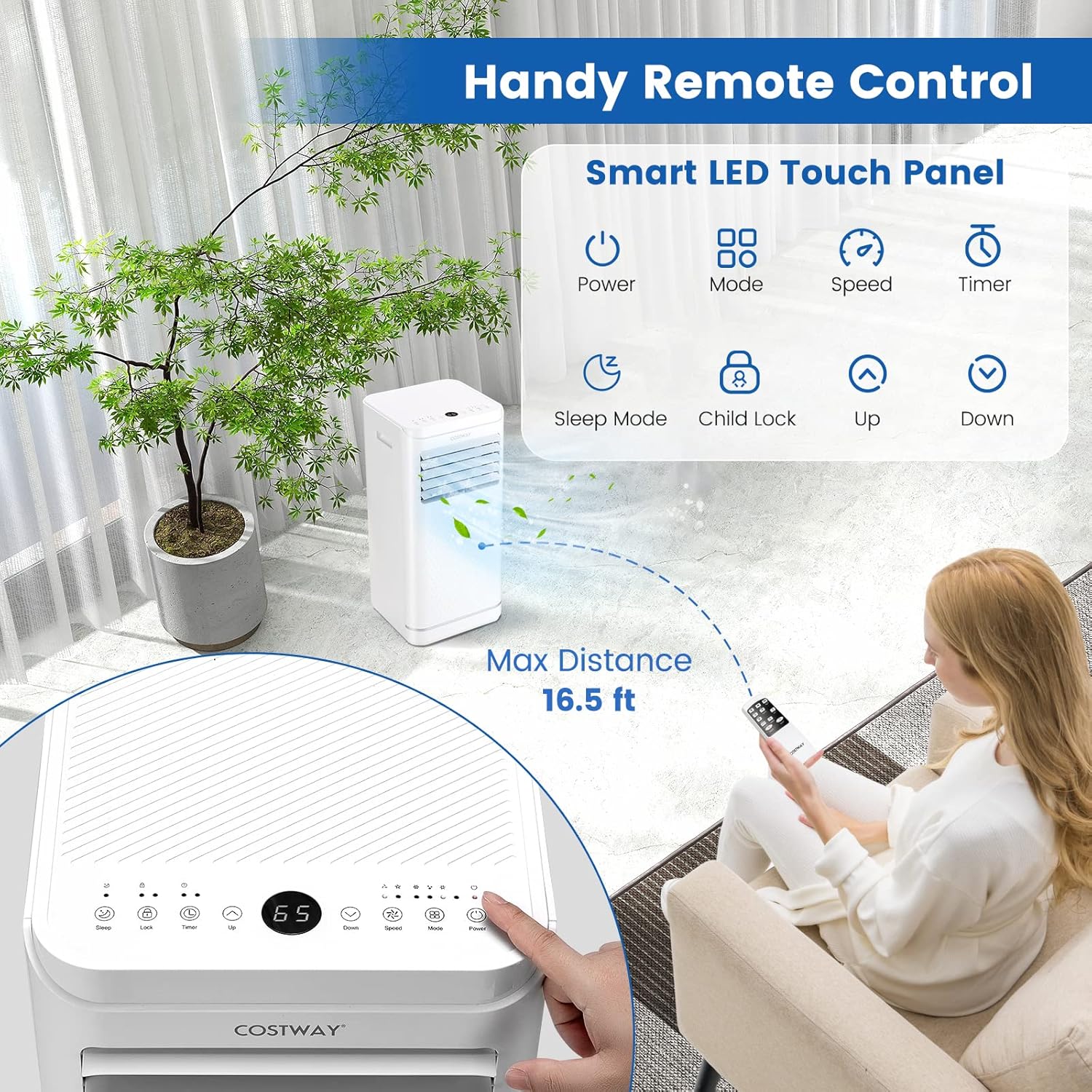 COSTWAY 10000 BTU Portable Air Conditioner, Personal AC Unit with Dehumidifier & Fan Mode, Sleep Mode, 24H Timer, LED Display, Child Lock, Remote Control, Cool Rooms up to 350 Sq.Ft (10000BTU)