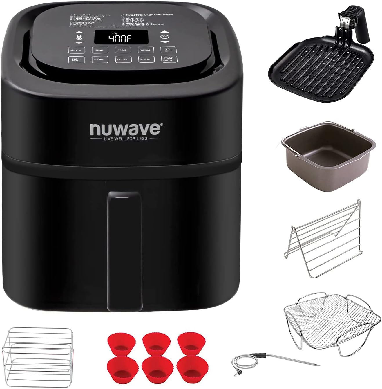 Nuwave Brio 6-Quart Healthy Digital Smart Air Fryer with Probe One-Touch Digital Controls, Advanced Cooking Functions, Removable Divider Insert & Grill Pan (NEW ACCESSORY),Black
