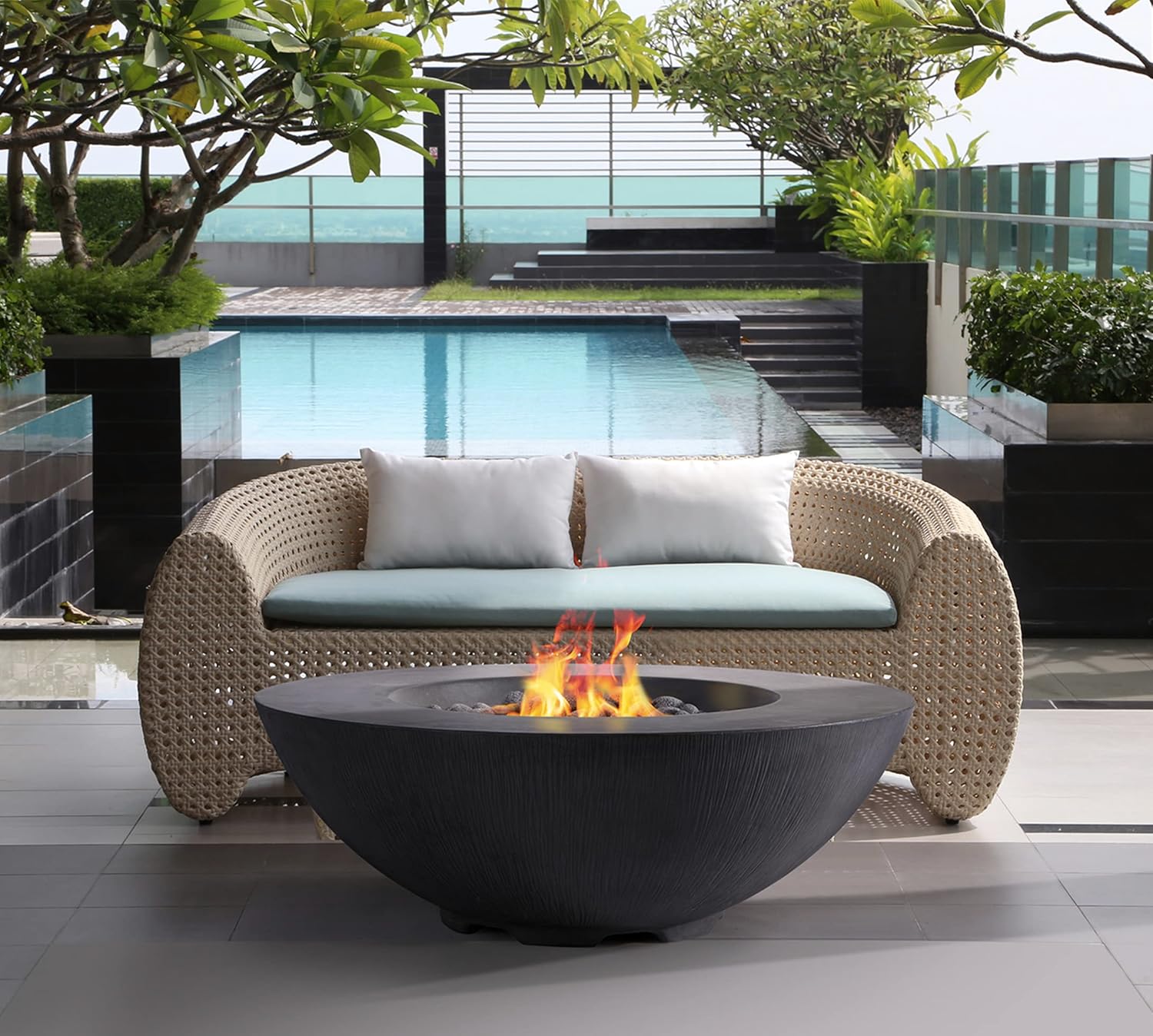 Pyromania Shangri-La Outdoor Concrete Fire Pit Bowl, 41 Inches Round - Natural Gas Model in Charcoal Gray Color