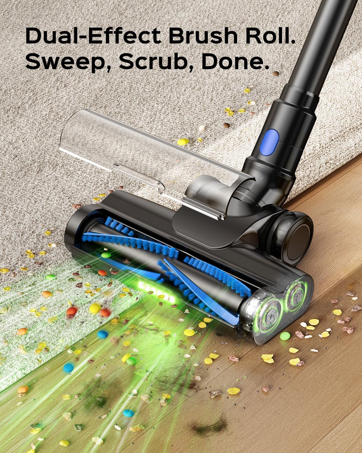 Cordless Vacuum Cleaner for Home, 55 Min Runtime Stick Vacuum with Green LED Light, Powerful Suction for Pet Hair, Carpet & Hard Floor, Lightweight & Low Noise