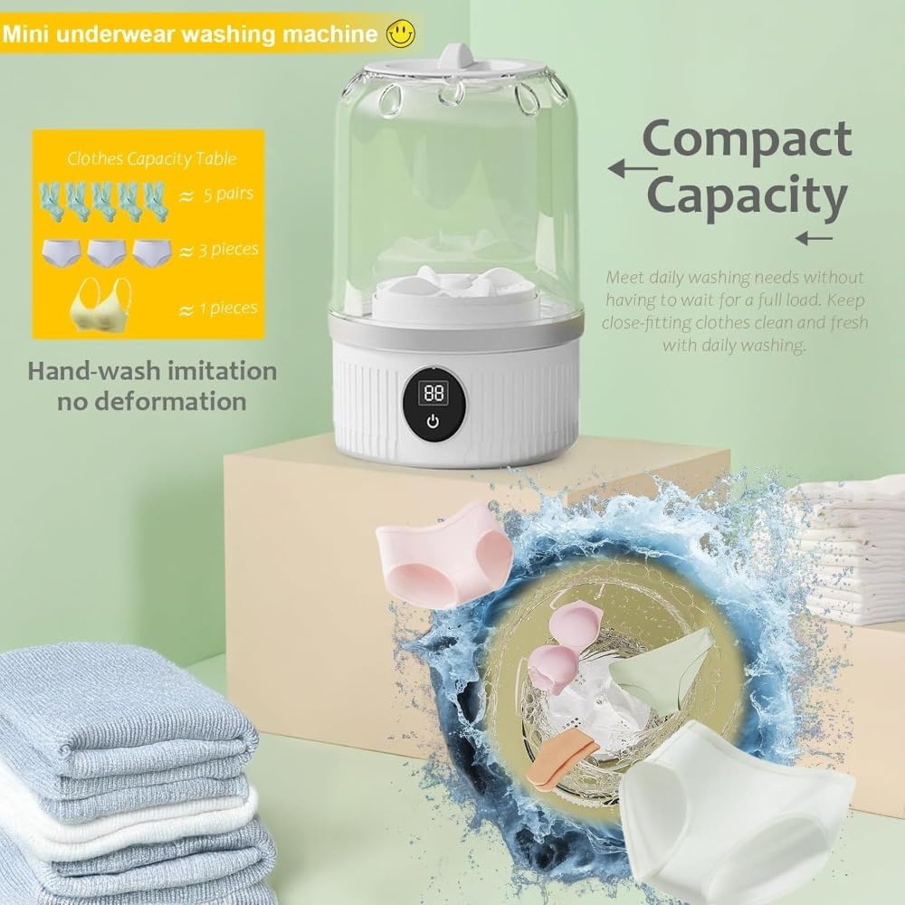 Portable Washing Machine - 2025 Upgraded Cordless Mini Washer for Underwear, Socks, Rechargeable Laundry Cup, White