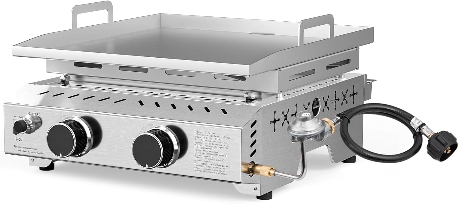 R.W.FLAME Tabletop Propane Gas Grill 2 Burners with Nonstick Enameled Tray, 16,000 BTU Tabletop Flat Top Gas Grill with Electronic Ignition & Regulator for Outdoor Cooking Camping BBQ Picnicking