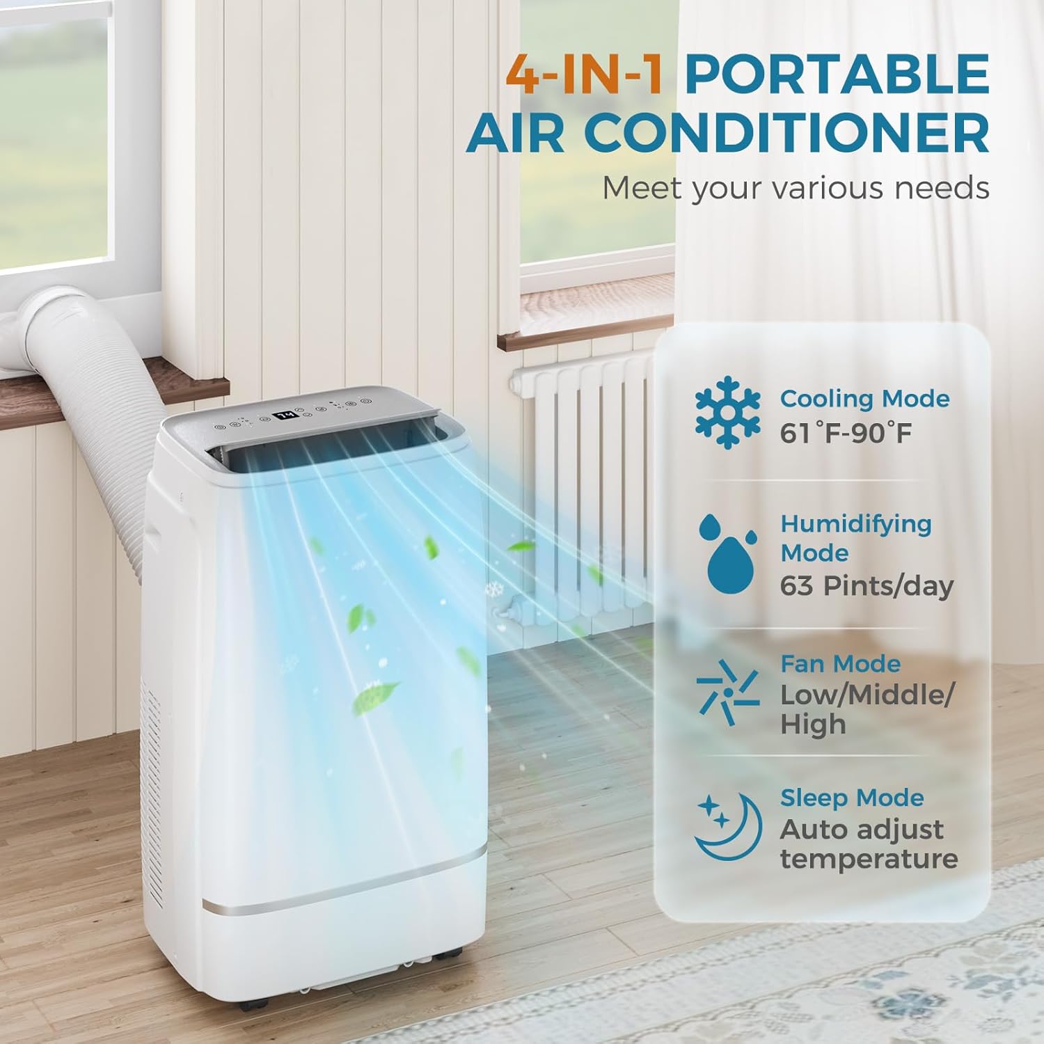 13000 BTUs Portable Air Conditioner with cooling/dehumidification/fan/sleep mode, 4-IN-1 Portable AC with 24H Timer & Remote Control & Window Kit