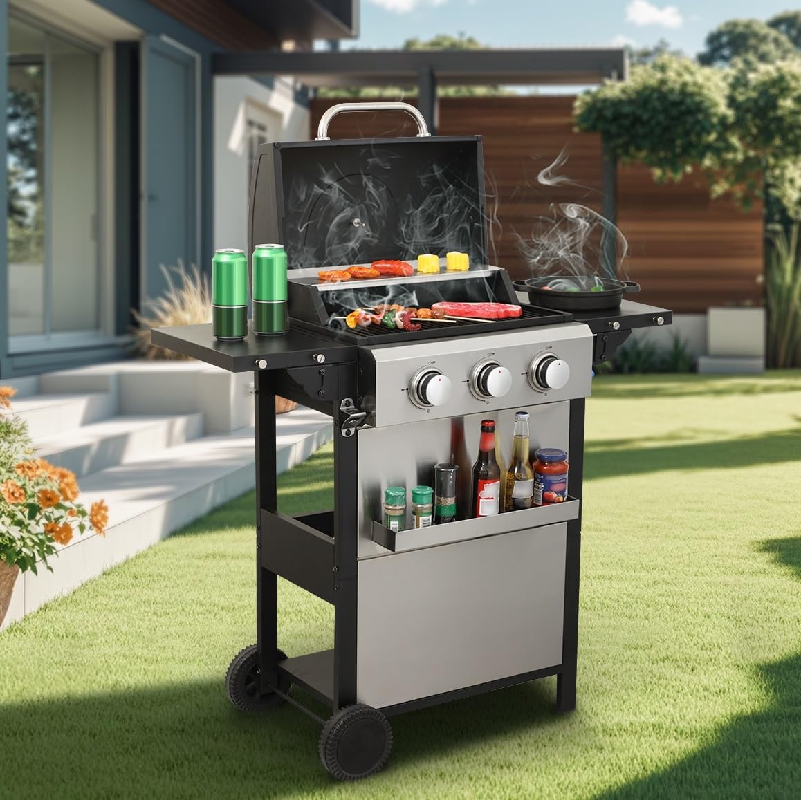 Propane Gas Grill With Wheels 25650 BTU Output, 3-Burner Gas Grill With Cast Iron Grates And Stainless Steel Griddle Pan With Folding Side Tables, Outdoor BBQ Grill Portable