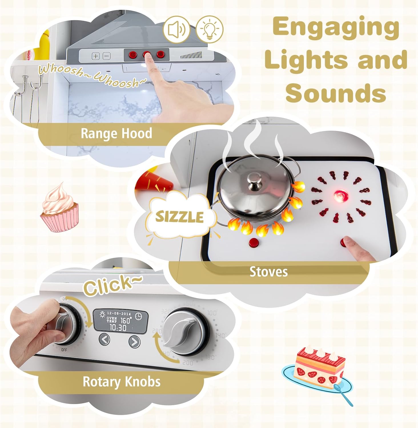 Costzon Corner Play Kitchen, Wooden Kids Kitchen Playset w/Water Circulation, Real Light & Sound, Microwave, Range Hood, Stove, Oven, Toy Kitchen Set for Kids Toddlers, Gift for Boys Girls 3+ (Grey)