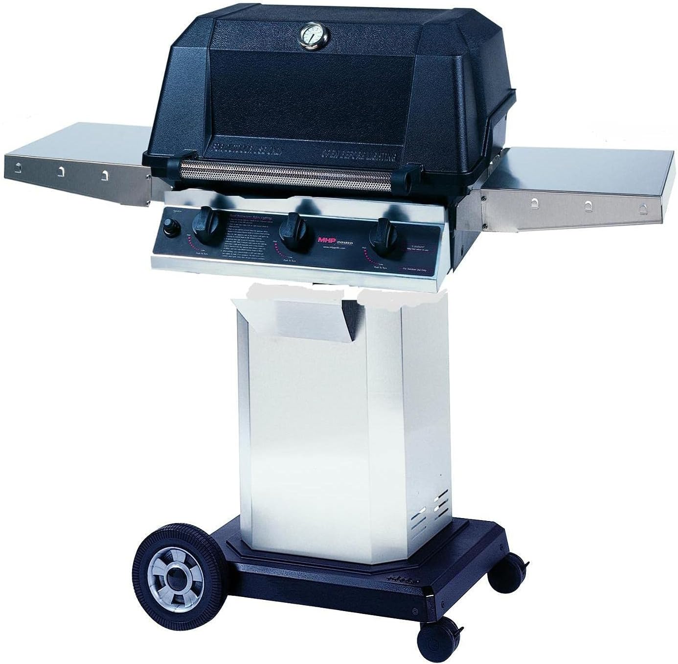 MHP WHRG4DD Hybrid Propane Gas Grill W/SearMagic Grids On Stainless Cart