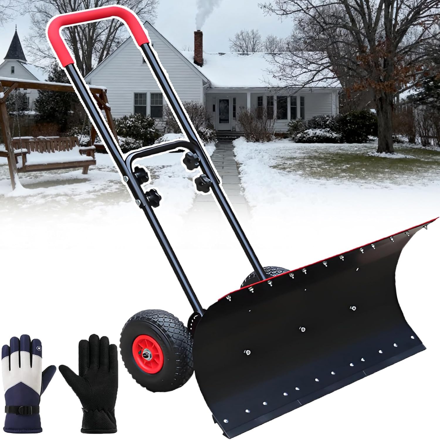 All-Season Pro Push Snow Shovels - Outdoor Snowplow,Snow Pusher Anti-Slip Wheels,42cm Shovel Head 360° Adjustable,Ice Snow Removal Tool for Driveway & Walkway
