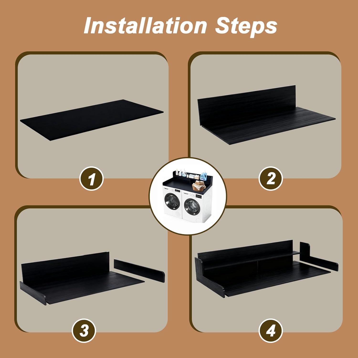 2-Tier Washer Dryer Countertop Washing Machine and Dryer toppe Wood Washer Dryer Counter with Shelf Laundry Countertops with Non-Slip Mat,for Folding Clothes,Black,L54×W27.5×H12