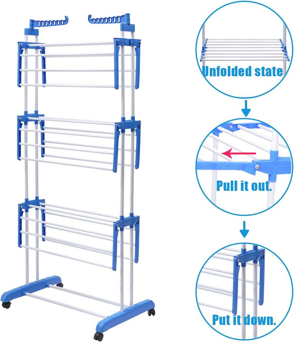 Clothes Drying Rack,4-Tier Collapsible Laundry Rack,Stand Garment Drying Station with Wheels,Stainless Steel Laundry Garment Dryer Stand with Two Side Wings,Blue