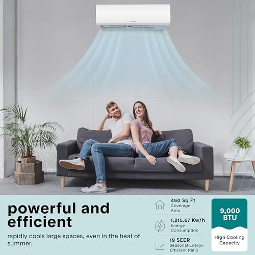 SereneLife 9,000 BTU Mini Split AC/Heating System 115V – Mini Split Air Conditioner with Heat Pump, WiFi, Fast Cooling & Heating for Home/Bedroom/Office – Up to 450 Sq Ft