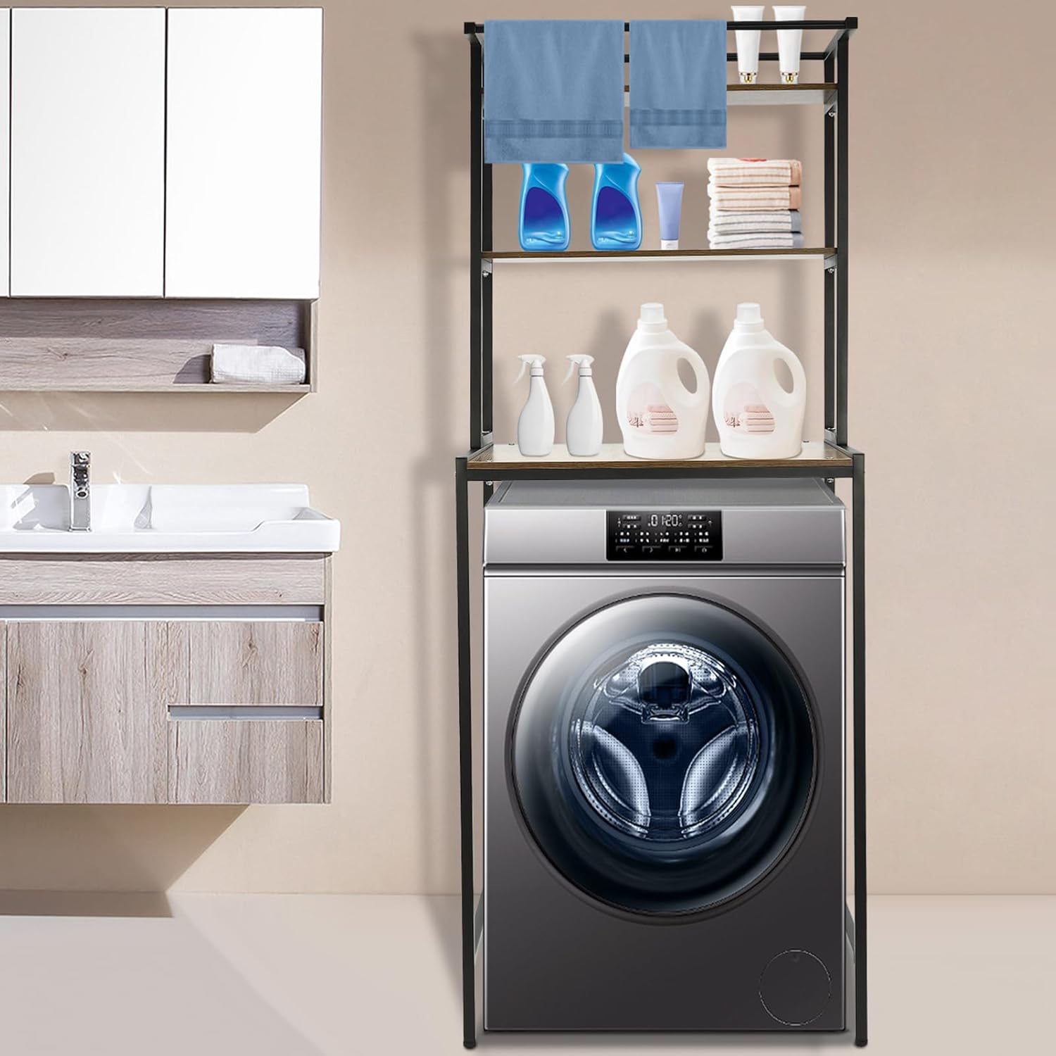 Over Washer Dryer Standing Rack Stand with Adjustable Rubber Feet, Hanging Towels Organizer Laundry Products Storage Shelf for Bathroom Laundry Room Space Saver (Black + Oak)