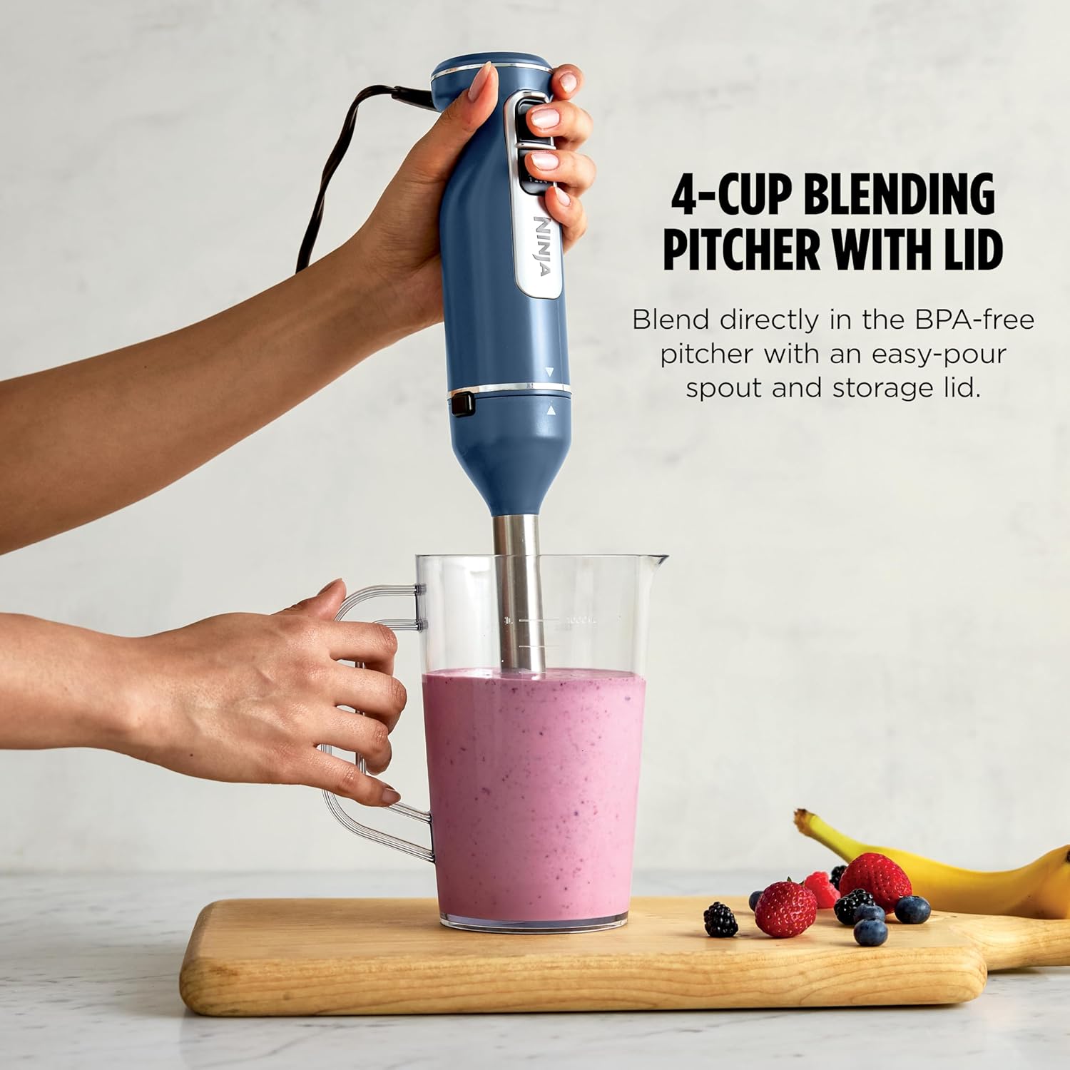 Ninja Immersion Blender and Whisk, Hand Stick Blender, 4 Speeds, with SplatterShield and PanProtect, 4-Cup Blending Vessel, Dishwasher Safe, 5-ft Cord, Ergonomic, Deep Navy, CI201ND