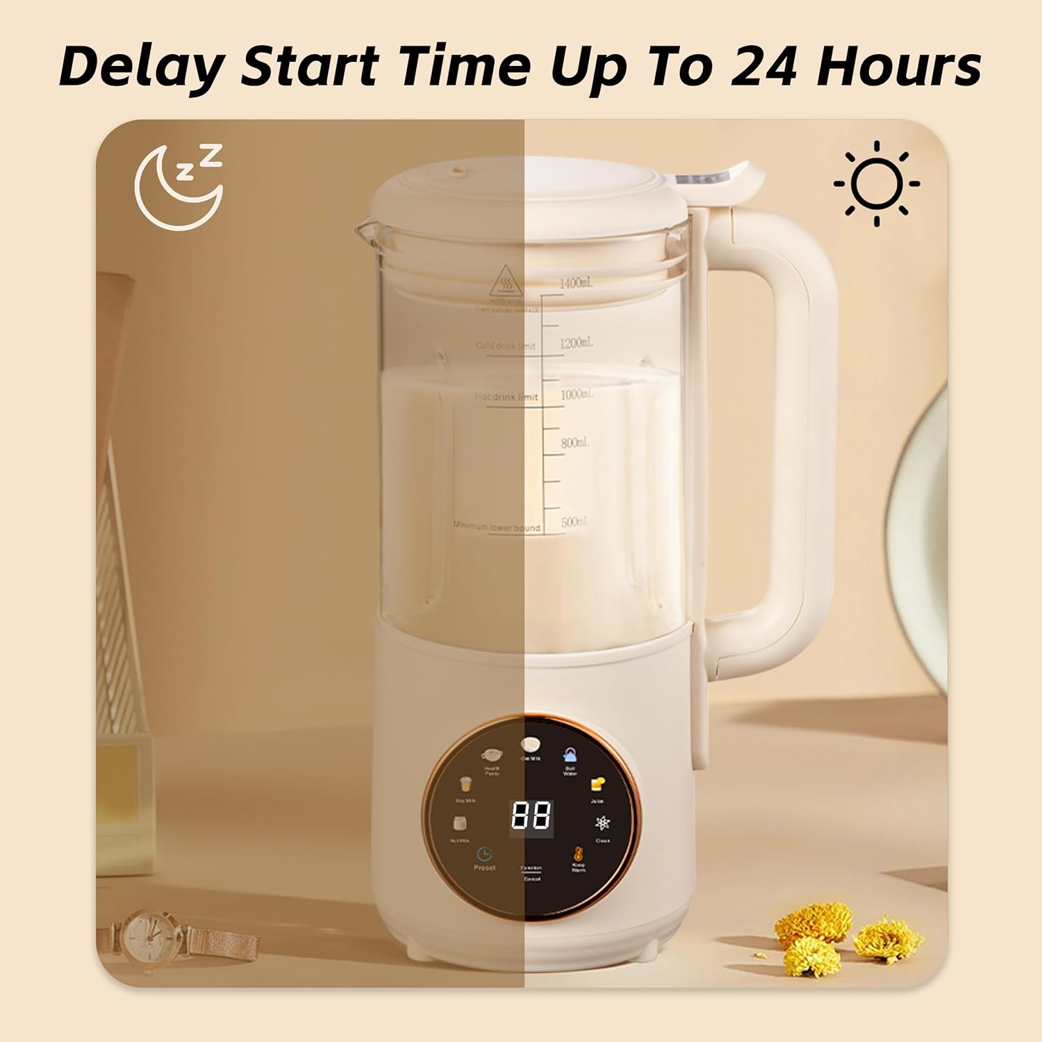 8 in 1 Nut Milk Maker Machine, 48oz Homemade Almond, Oat, Soy, Coconut, Plant-Based and Non-Dairy Beverages with Self-Cleaning, Boil Water, Delay Start, Keep Warm, 16 Blade Blender, Glass Jar