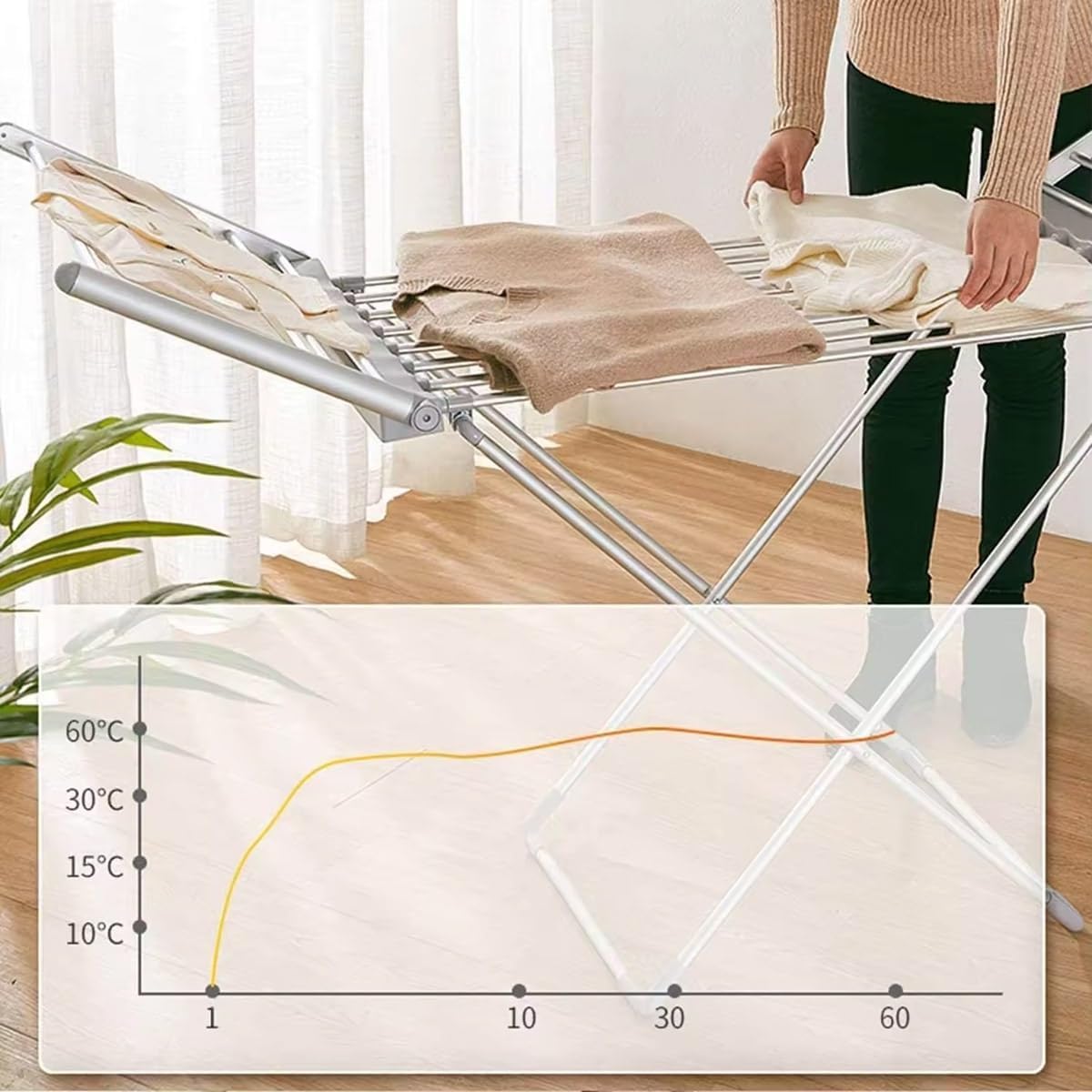 Home Electric Heated Clothes Drying Rack Balcony Foldable Clothes Airer Low Noise Metal Apartment Clothes Dryer with Wings Outdoor Large Capacity Laundry Airer 147 * 54 * 94cm