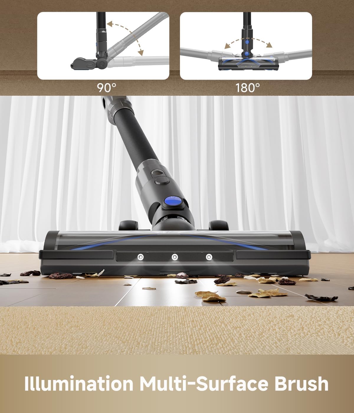 MOVA J30 Cordless Vacuum Cleaner,144AW Powerful Suction, 180° Folding Tube Cleans Corners, 4-in-1 Stick Vacuum, 60Min Runtime, Anti-Tangle Brush with Lights, Deep Clean Pet Hair, Hard Floor, Carpet